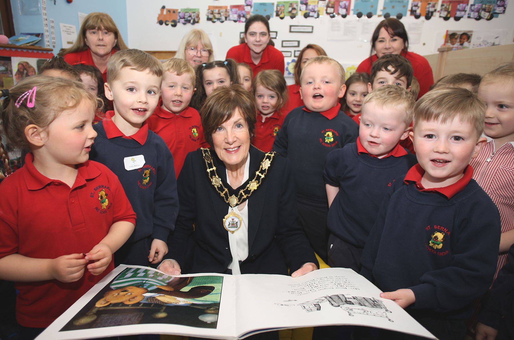 VISIT: Antrim and Newtownabbey Deputy Mayor Noreen McClelland with children from St Bernard\'s playgroup in Glengormley