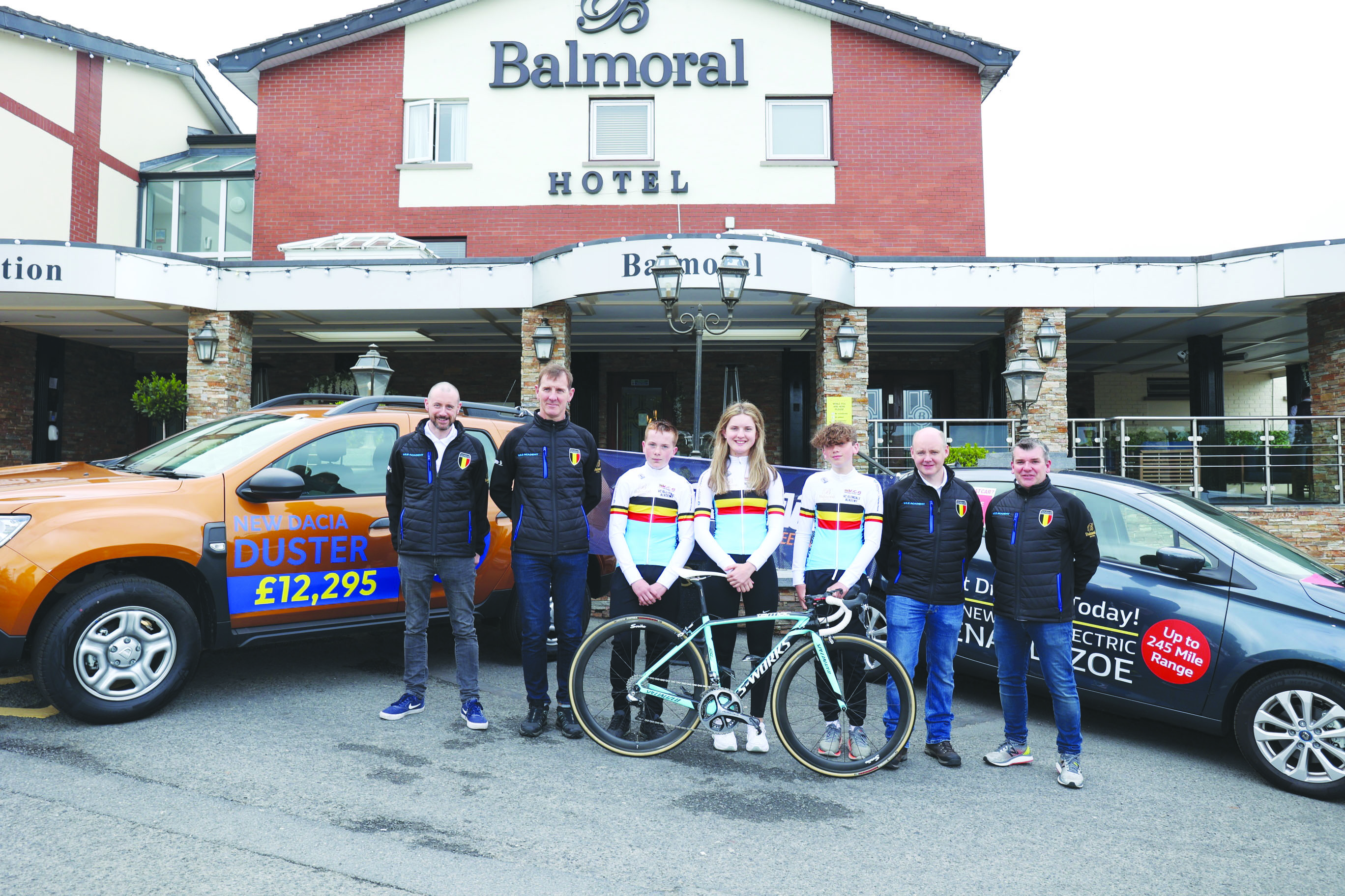 Pictured are (L-R): Pearse McCurdy, Brendan Doherty, Curtis McKee, Aine Doherty, Adam Ward, Mark Harvey, Colm Watson of VC Glendale Academy show off their new kit at Friday’s launch in the Balmoral Hotel