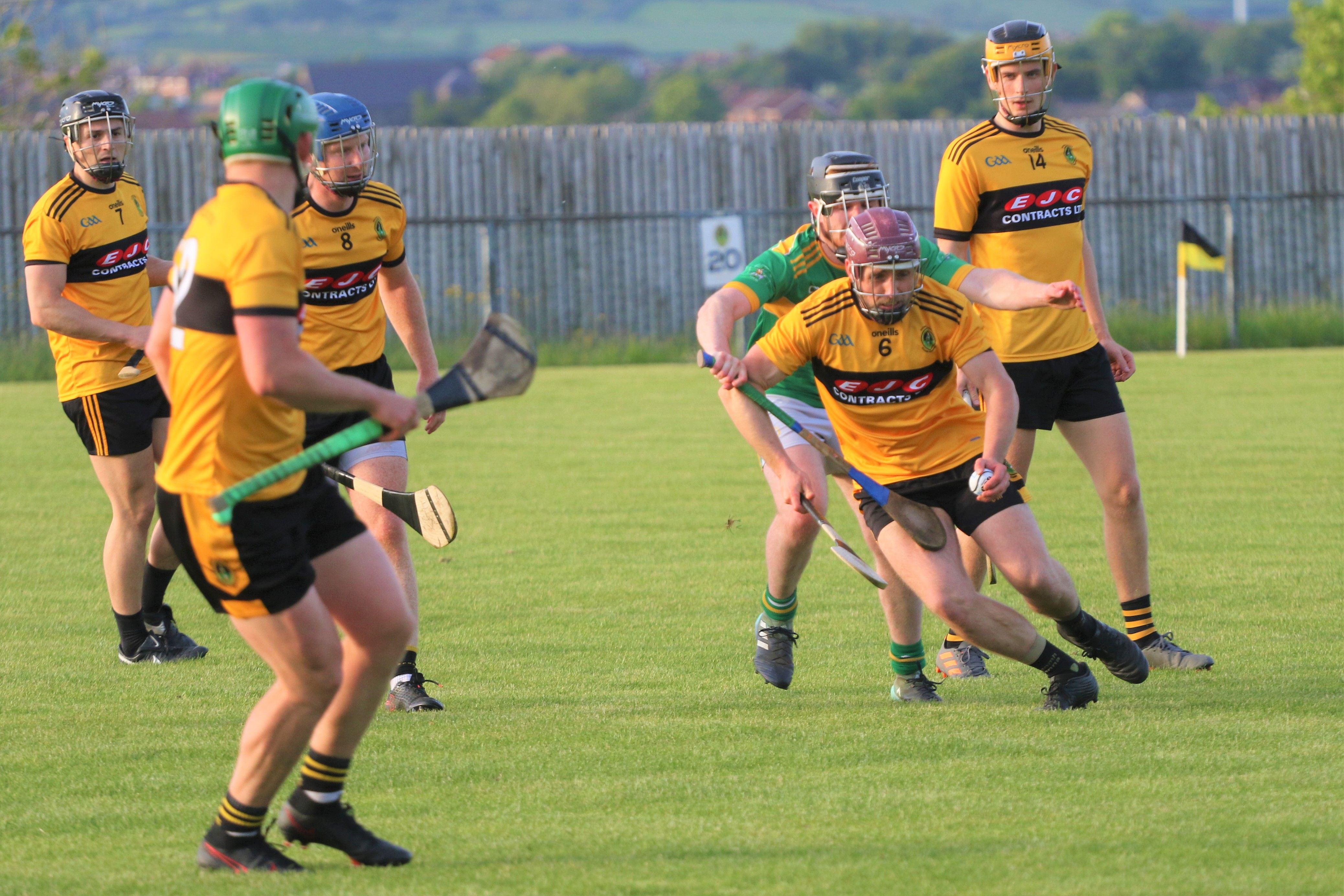 Matthew Donaghy emerges with the ball during Friday\'s league clash between Naomh Éanna and Dunloy