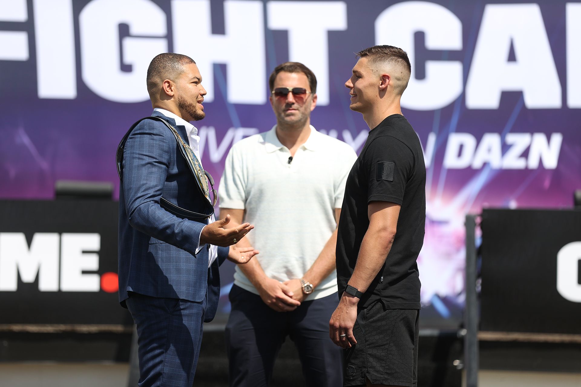 Tommy McCarthy and Chris Billam-Smith with promoter Eddie Hearn at Matchroom HQ on Monday 