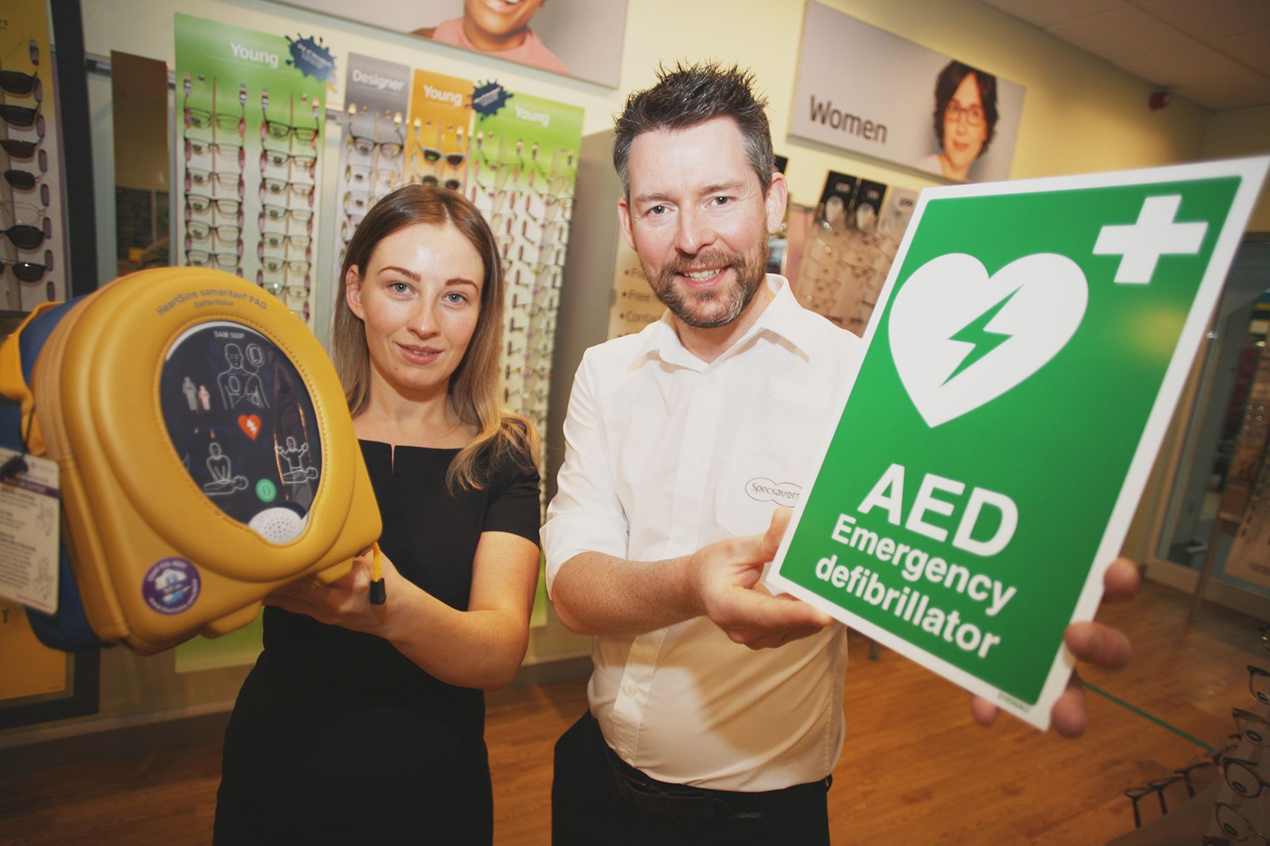 INSTALLED: Matthew McKenny, Optometry Director Specsavers Park Centre, and Orlagh Morris with the portable defibrillator