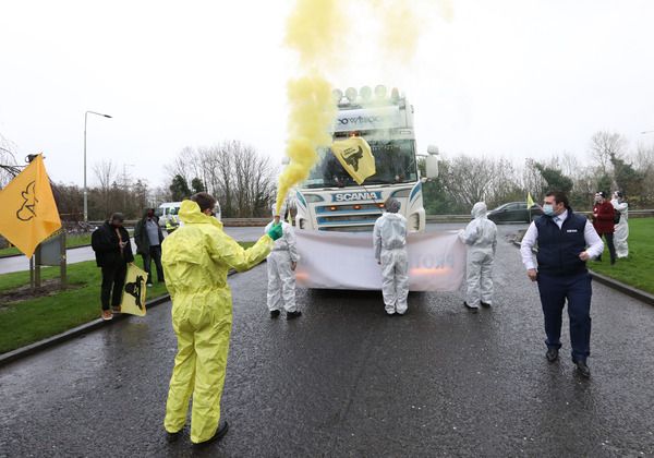 ECOLOGICAL COST: Animal Rebellion protesters stop a truck outside  the Kepak factory in Dublin last year in a demand for food system change.
