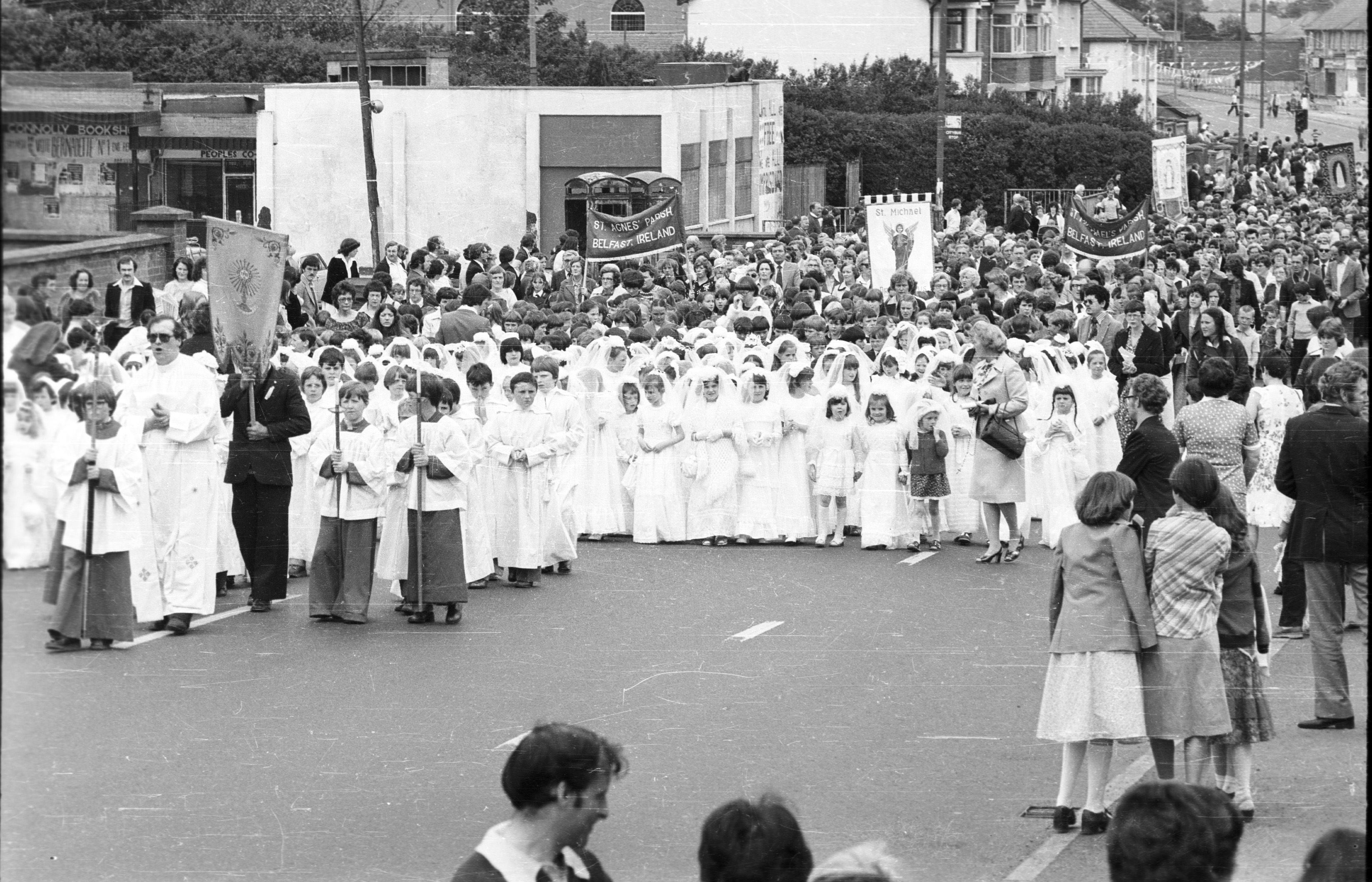 IN PRAYER: The annual Corpus Christi procession on the Andersonstown Road back in June 1979