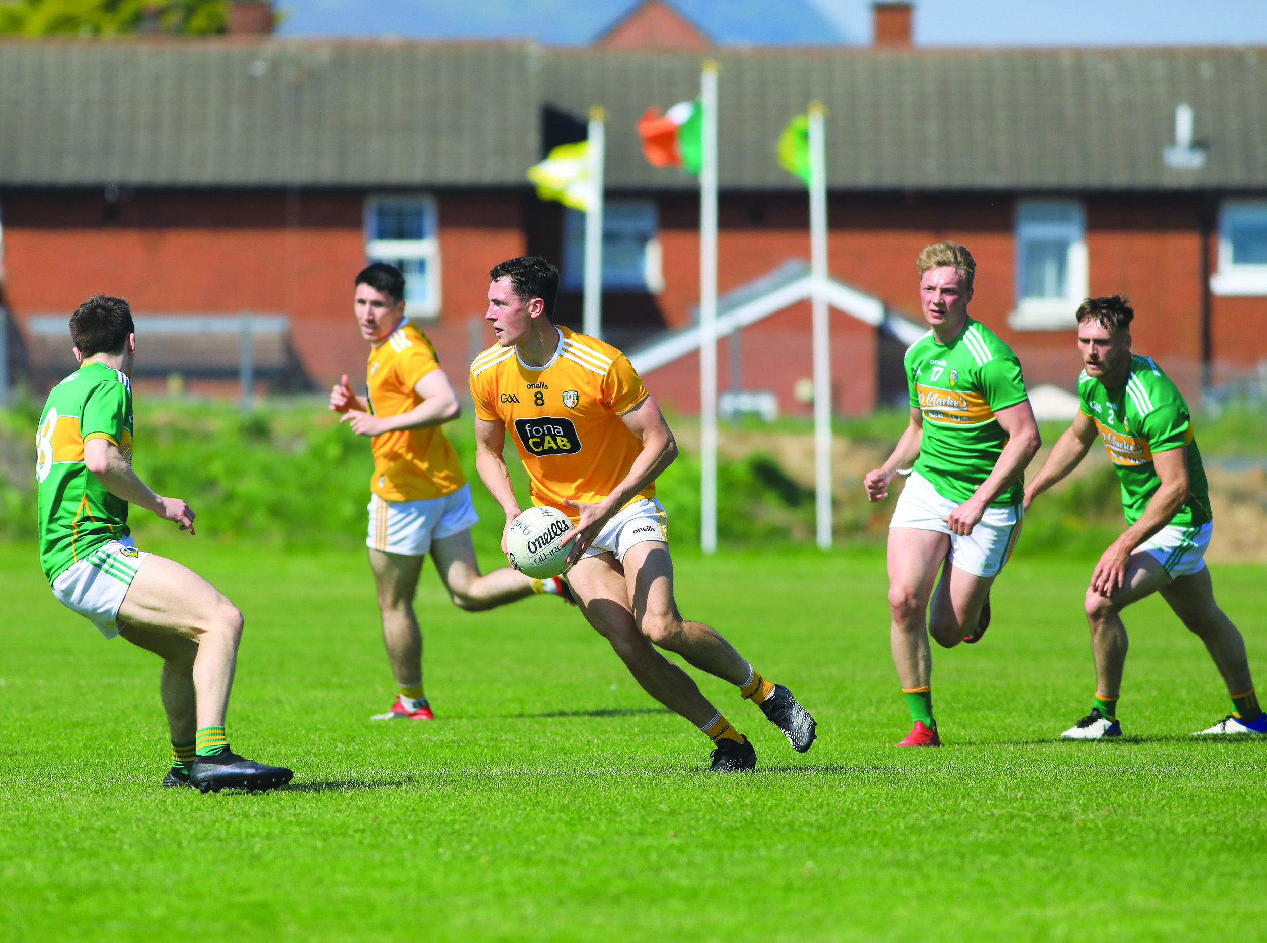 Midfielder Conor Stewart, pictured in action against Leitrim in Corrigan Park back in May, enjoyed a fine debut season with the Antrim seniors and will line out for the U20 team when they face Fermanagh in Brewster Park on Friday night