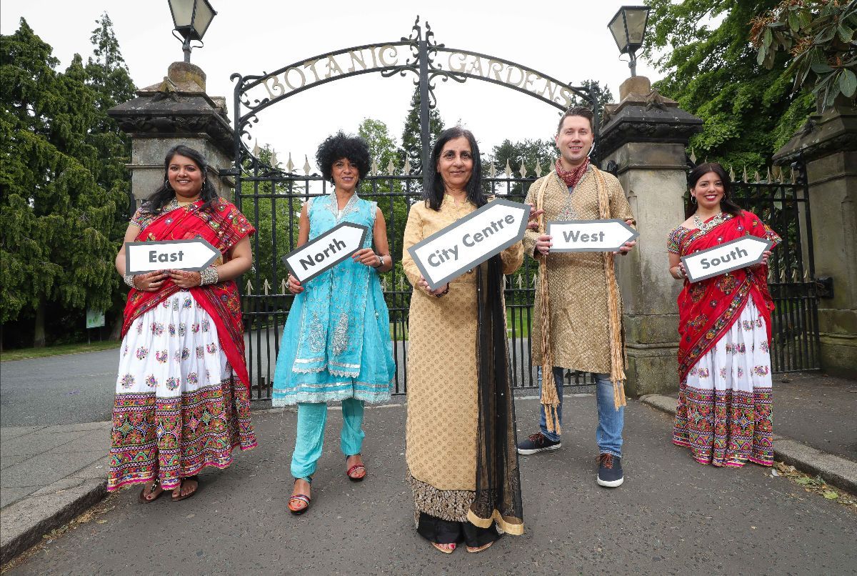 BELFAST MELA LAUNCH: Nisha Tandon, Director of ArtsEkta and founder of the Belfast Mela, with dancers Dona DasGupta and Lauren Crudden, U105’s Carolyn Stewart and UTV’s Paul O’Reilly