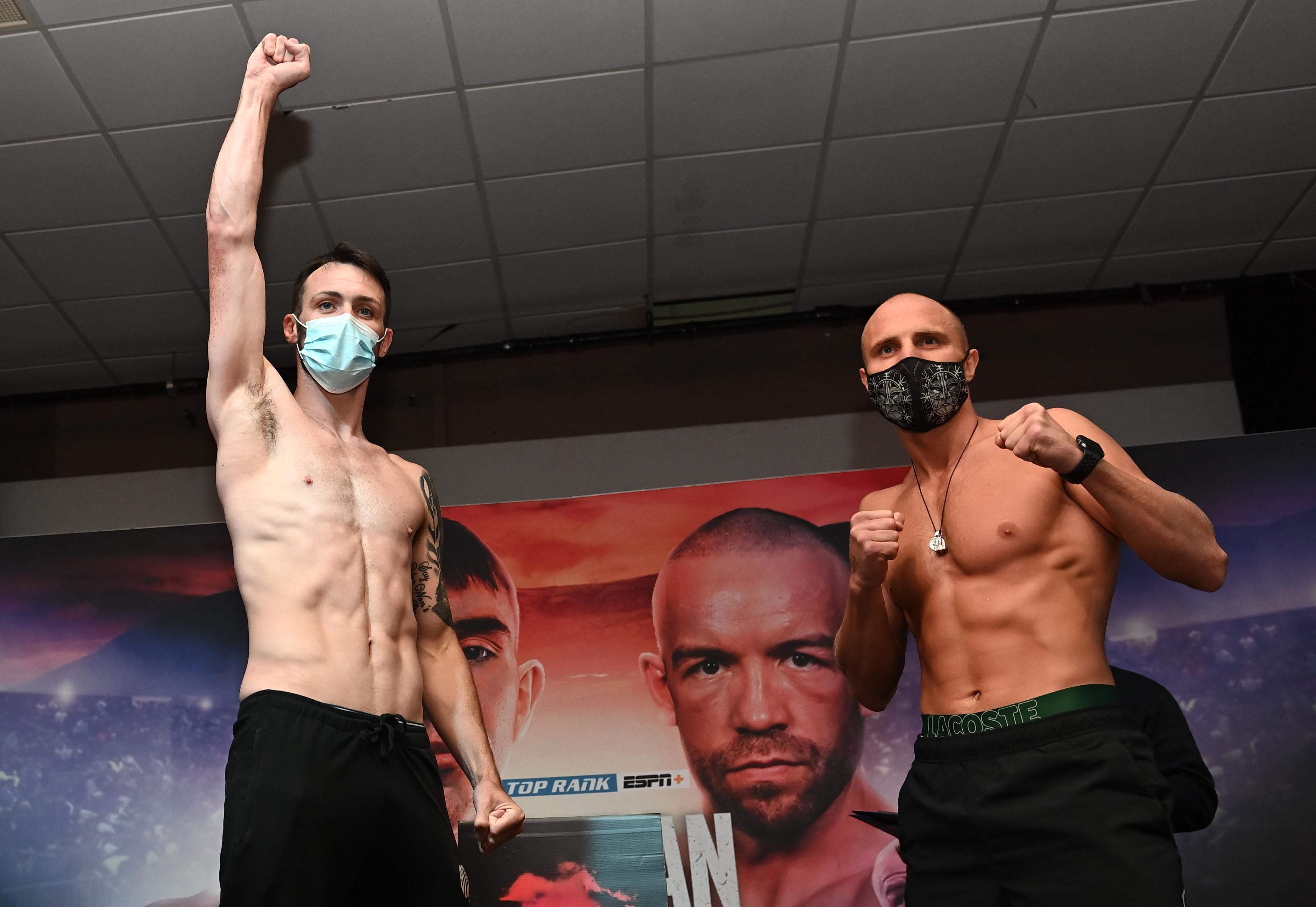 Padraig McCrory and Sergei Gorokhov face off at the Devenish ahead of tonight\'s Féile Fight Night contest at the Falls Park.