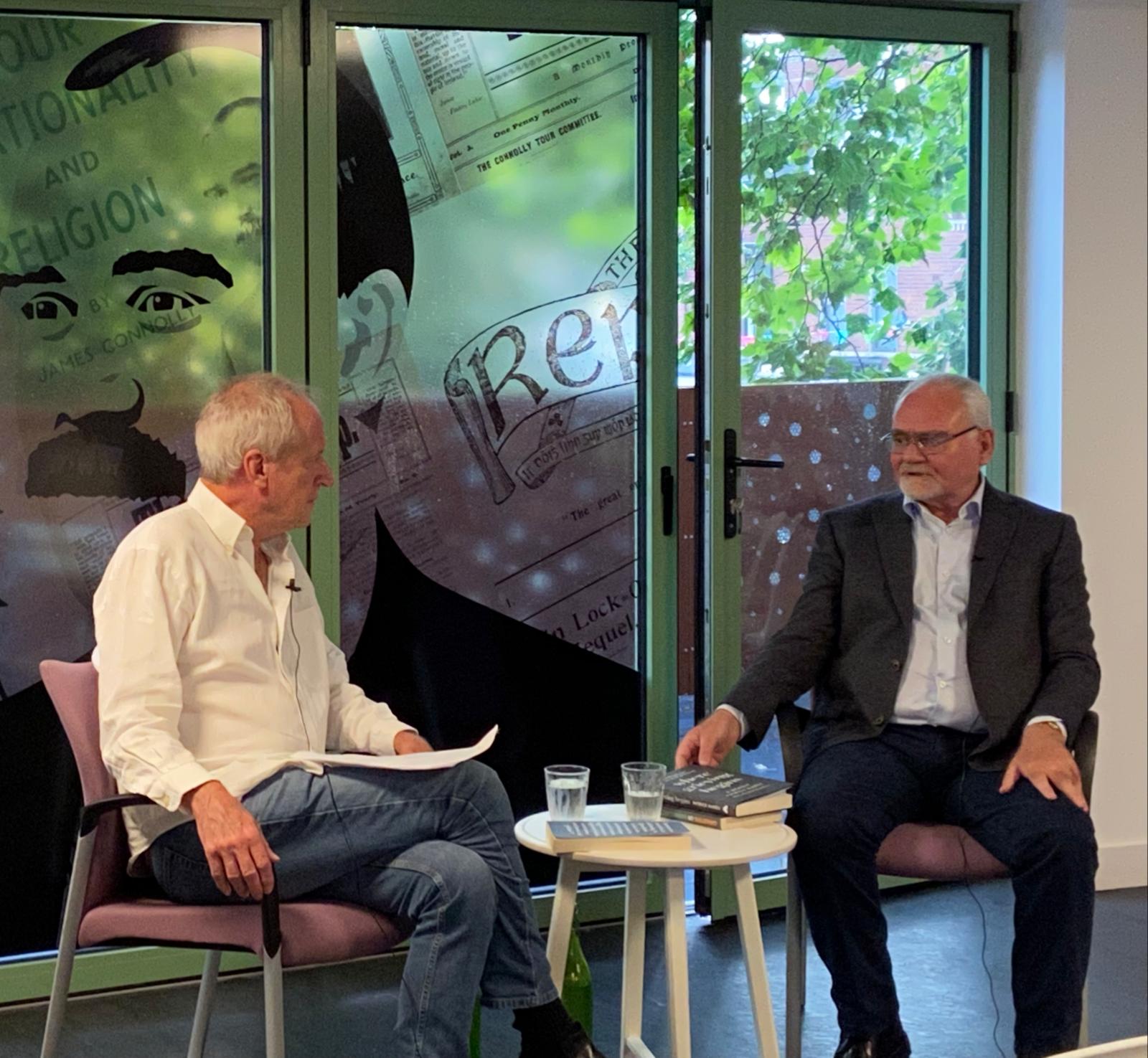 WHERE GRIEVING BEGINS: Timothy O\'Grady (left) in conversation with Pat Mage at Áras Uí Chonghaile