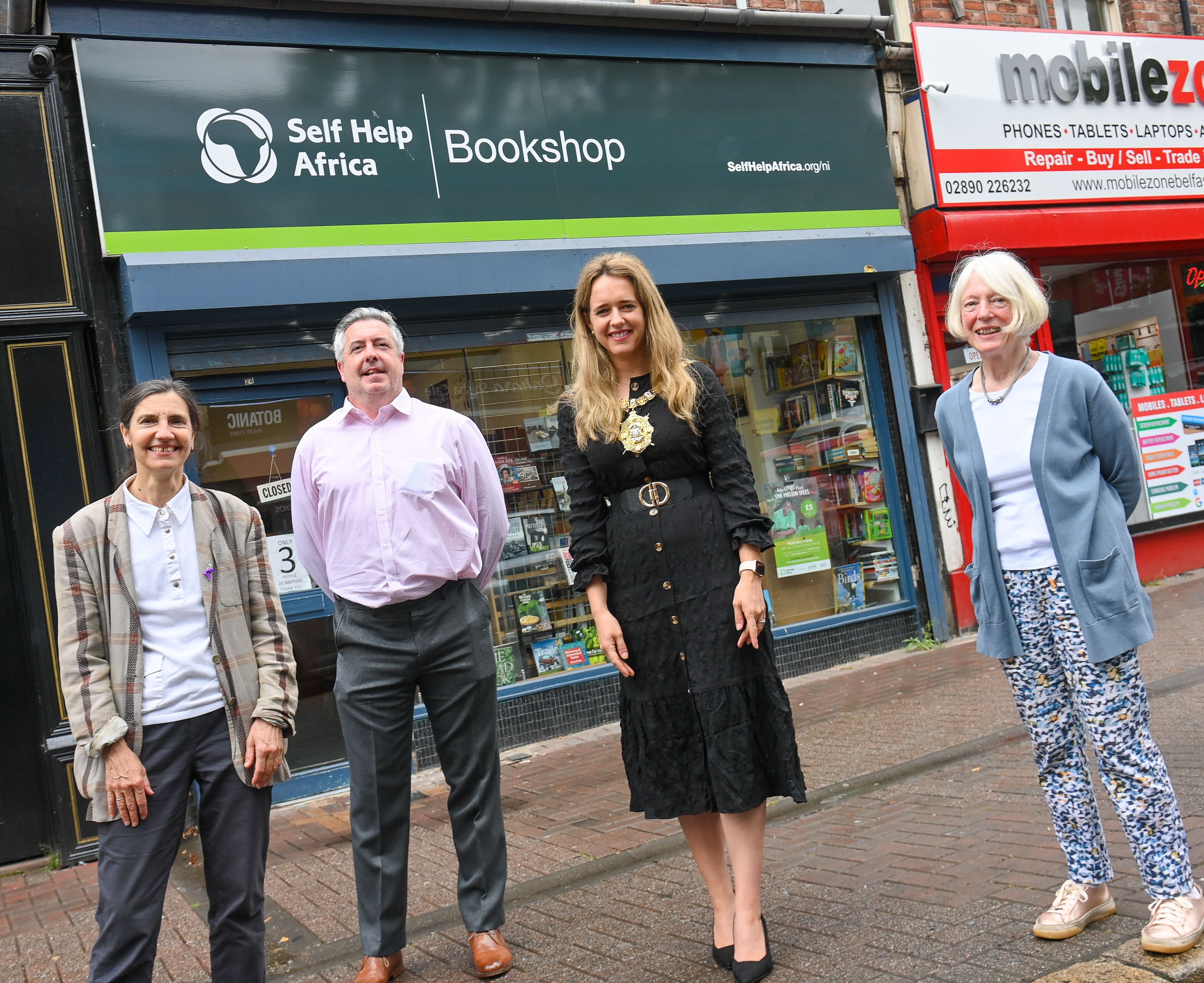 VISIT: Lord Mayor of Belfast, Kate Nicholl, was joined by Gerard Magee (Head of Retail for Self Help Africa Northern Ireland) and volunteers Rosana Trainor and Guinevere Phillips at the bookstore on Botanic Avenue