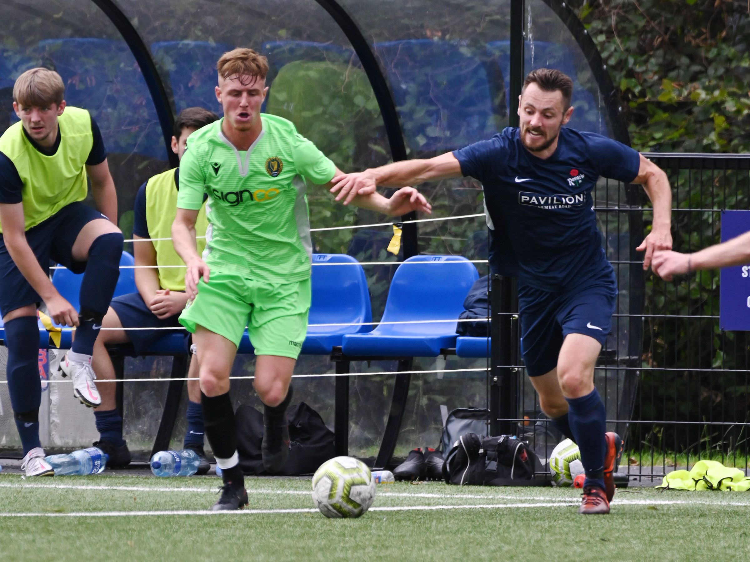 Belfast Celtic\'s Darren Hyland in action against Rosario\'s Conor Murray during Saturday\'s Steel and Sons Cup clash between the sides at Ulidia. Both clubs are in Cup action this weekend