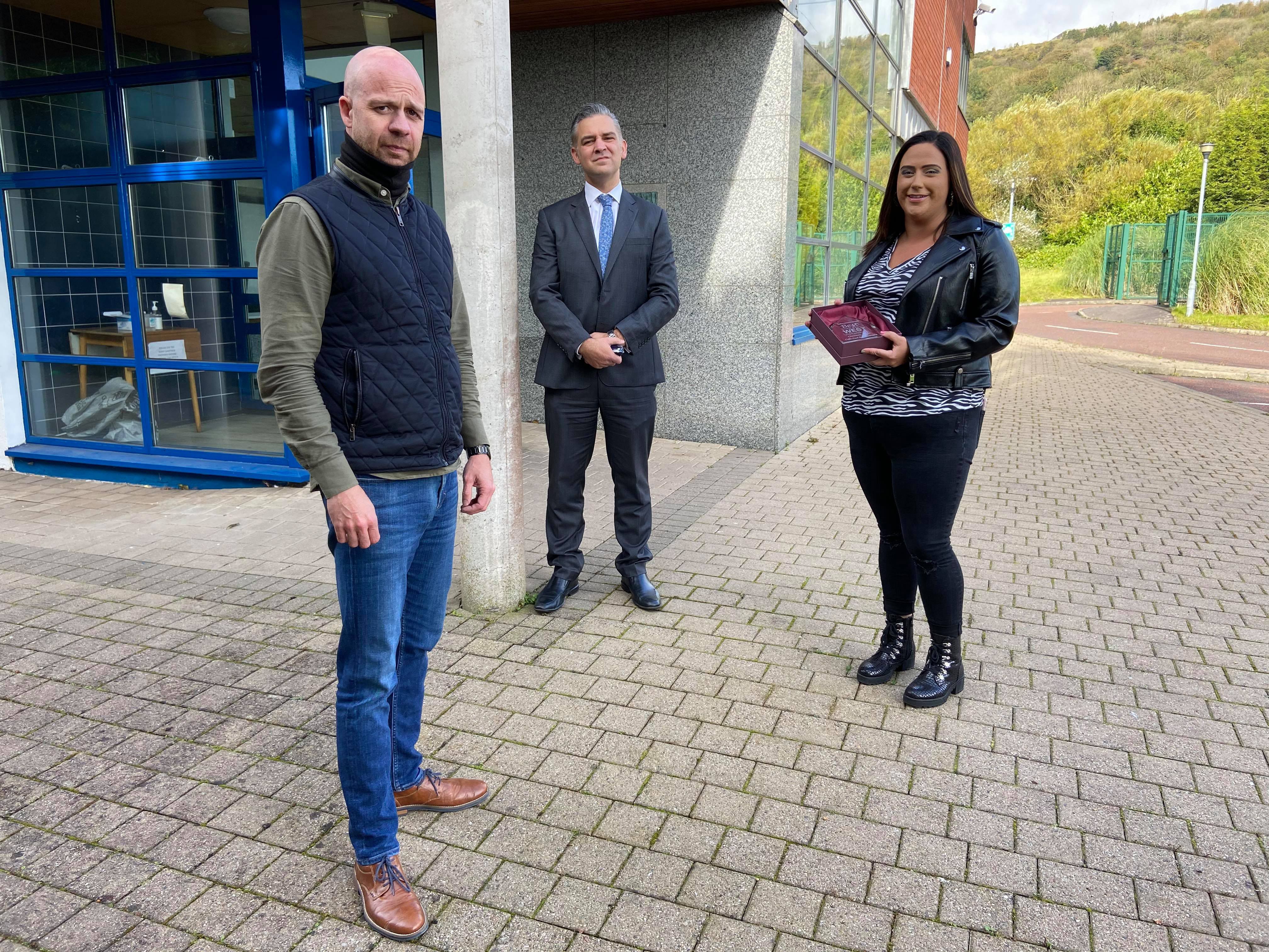 COMMUNITY HEROES: Joe Duffy and Laura Kelly collected their 2020 Best of the West Award from Sean McGreevy during the height of the pandemic last year
