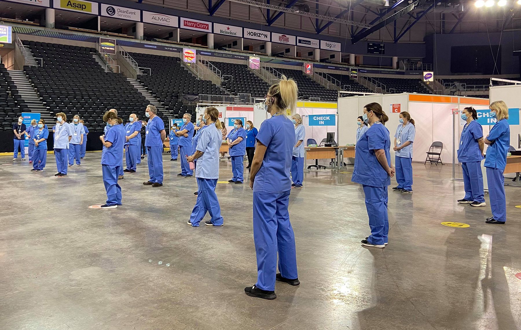 PROTECTION: Medical staff prepare for vaccinations at the SSE Arena in Belfast