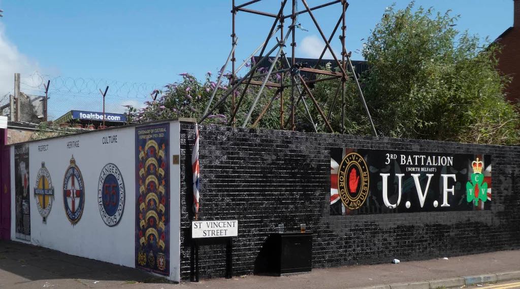 SINISTER: The UVF mural on St Vincent Street, beside Crusaders\' FC Seaview stadium