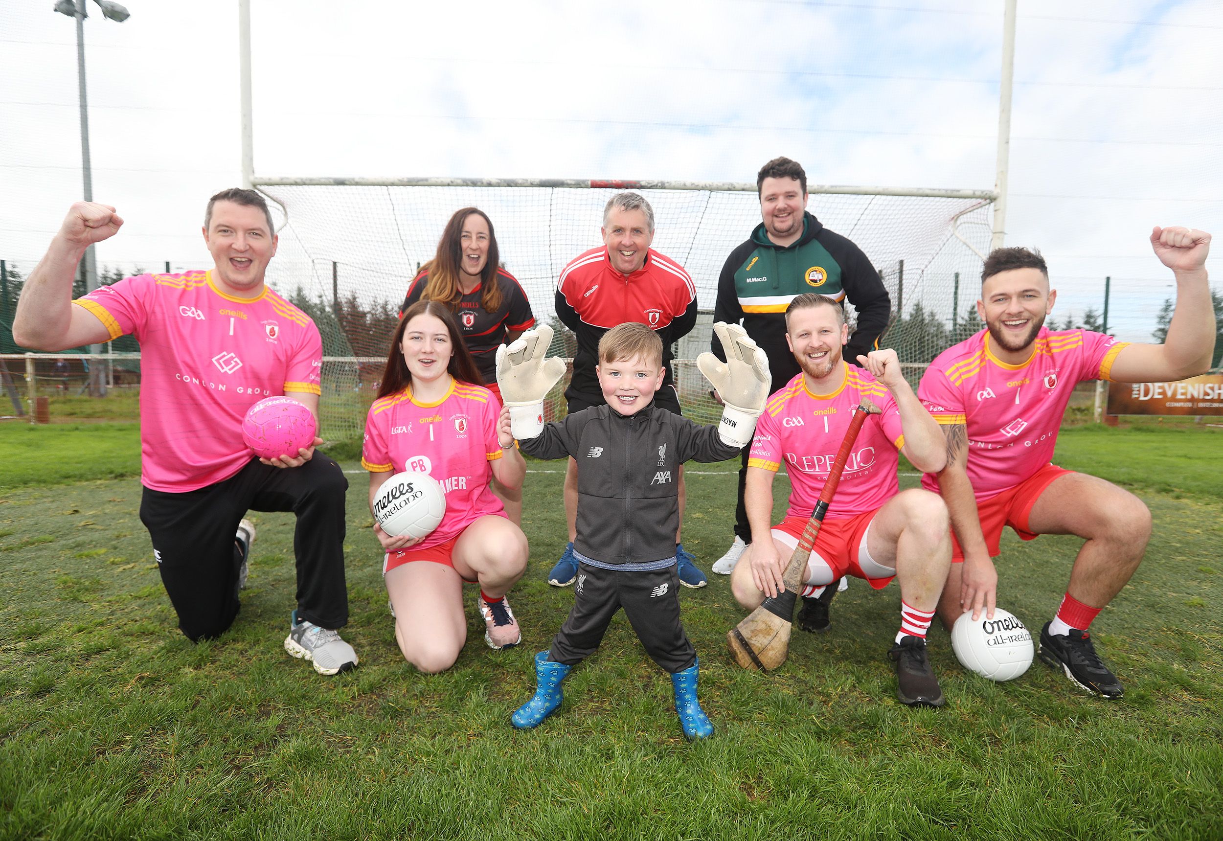 IN GOOD HANDS: Dáithí MacGabhann and his dad Máirtín with Lámh Dhearg senior goalkeepers Shannon McCann and Celine Daly (ladies football), Christopher Nolan (men\'s hurling), John Finucane and Mark Ilvenney (men\'s football) and Peter Kane (Chairperson) 