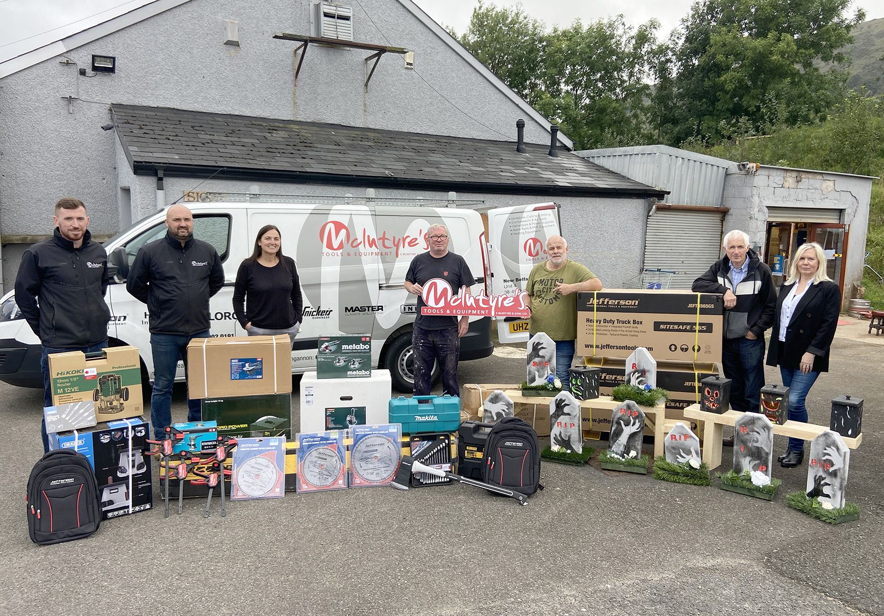 DONATION: Members of Gortnamona Men’s Shed receive a generous donation of tools for the Black Mountain Shared Space Project from McIntyre’s Tools & Equipment, Belfast branch