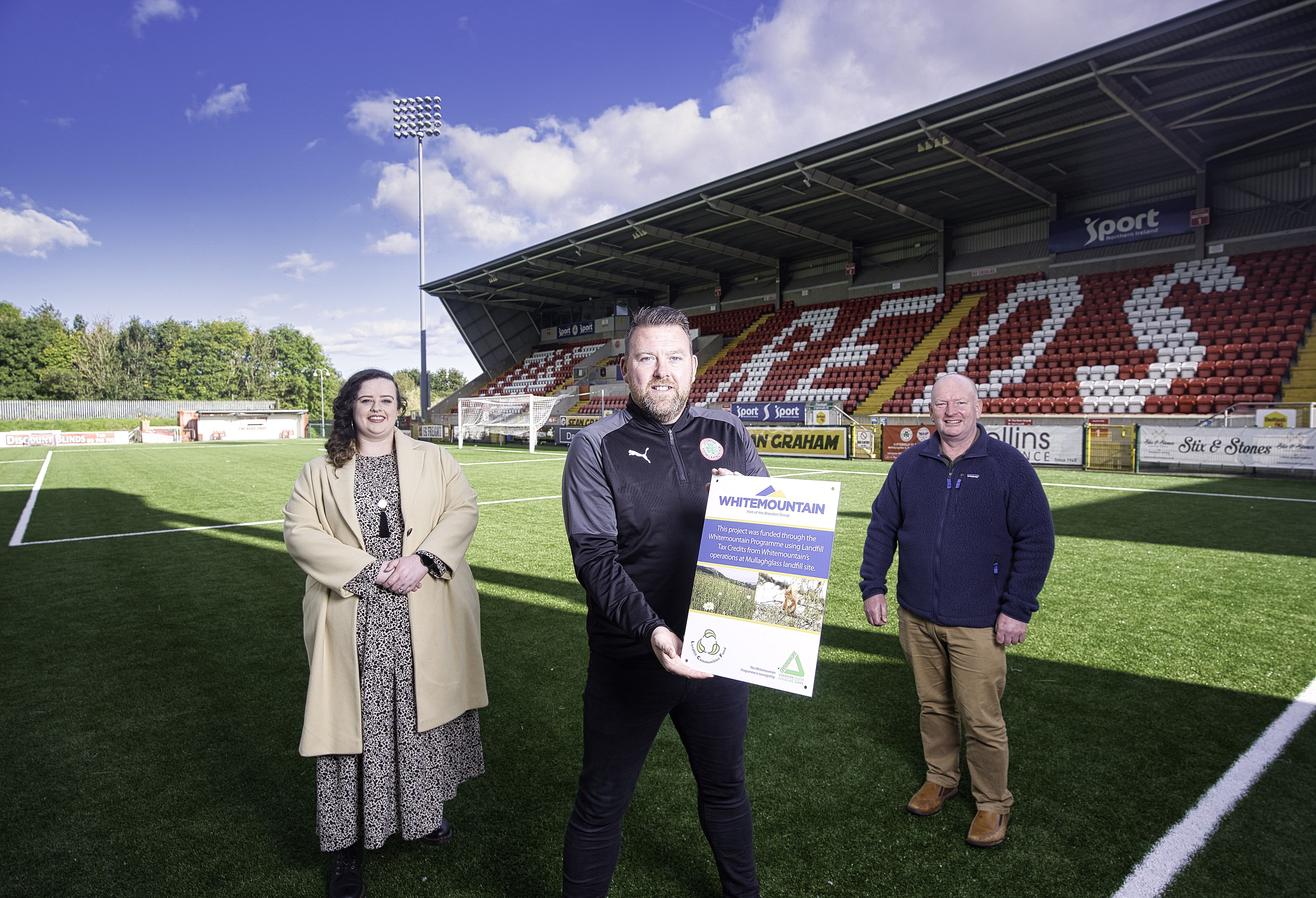 FUNDING: Shannon Downey (Communities Lead at Groundwork NI), Declan O\'Hara (Cliftonville FC) and Russell Drew (Whitemountain Programme)