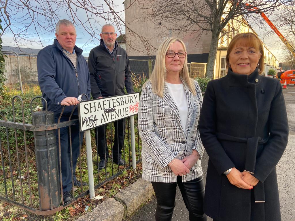 RELIEF: Gerard Rice (LORAG), Sinn Féin councillor John Gormley and local residents Sheila McKeown and Rosemary McAllister