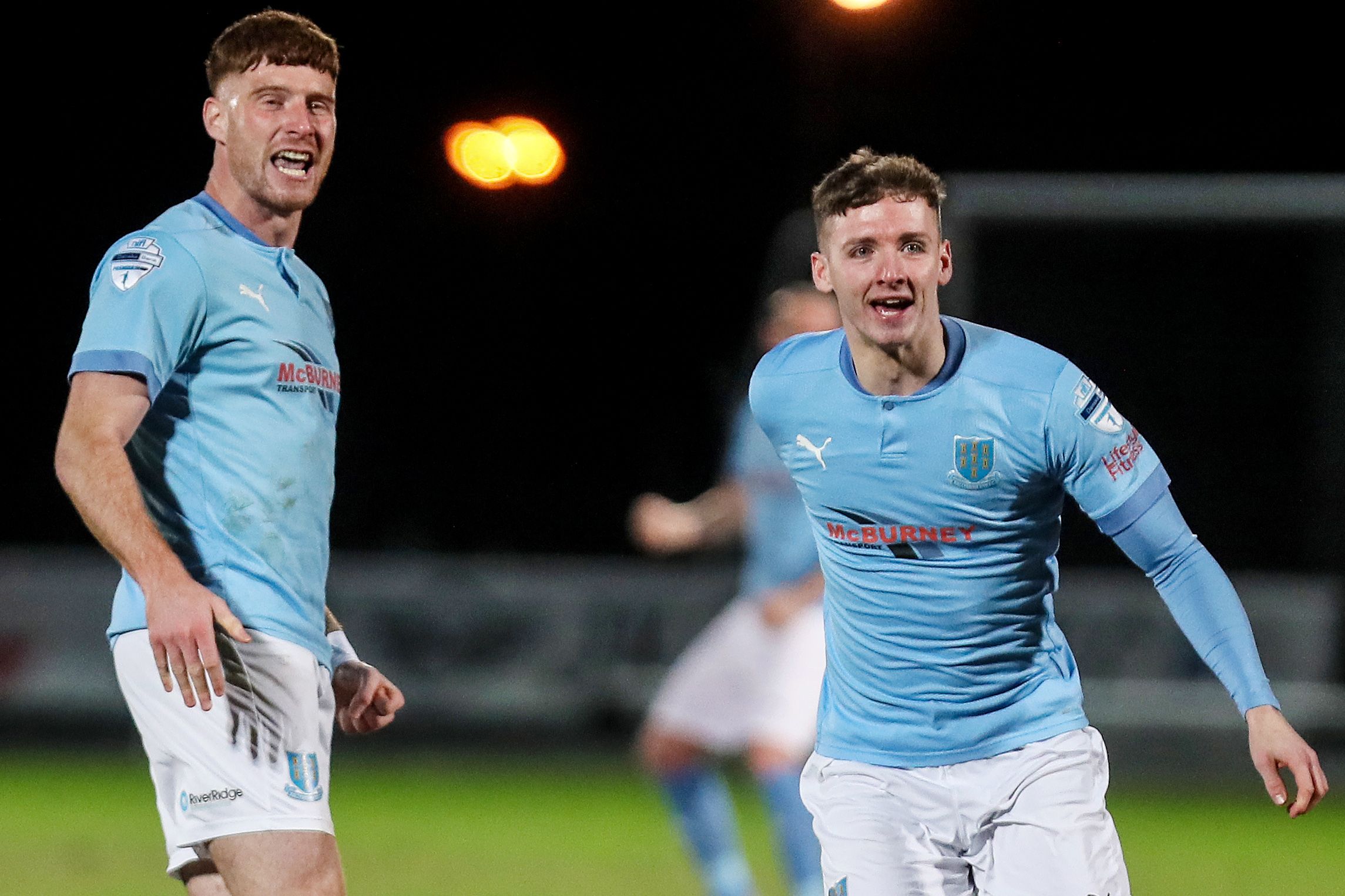 Ballymena United players celebrate the late equaliser 