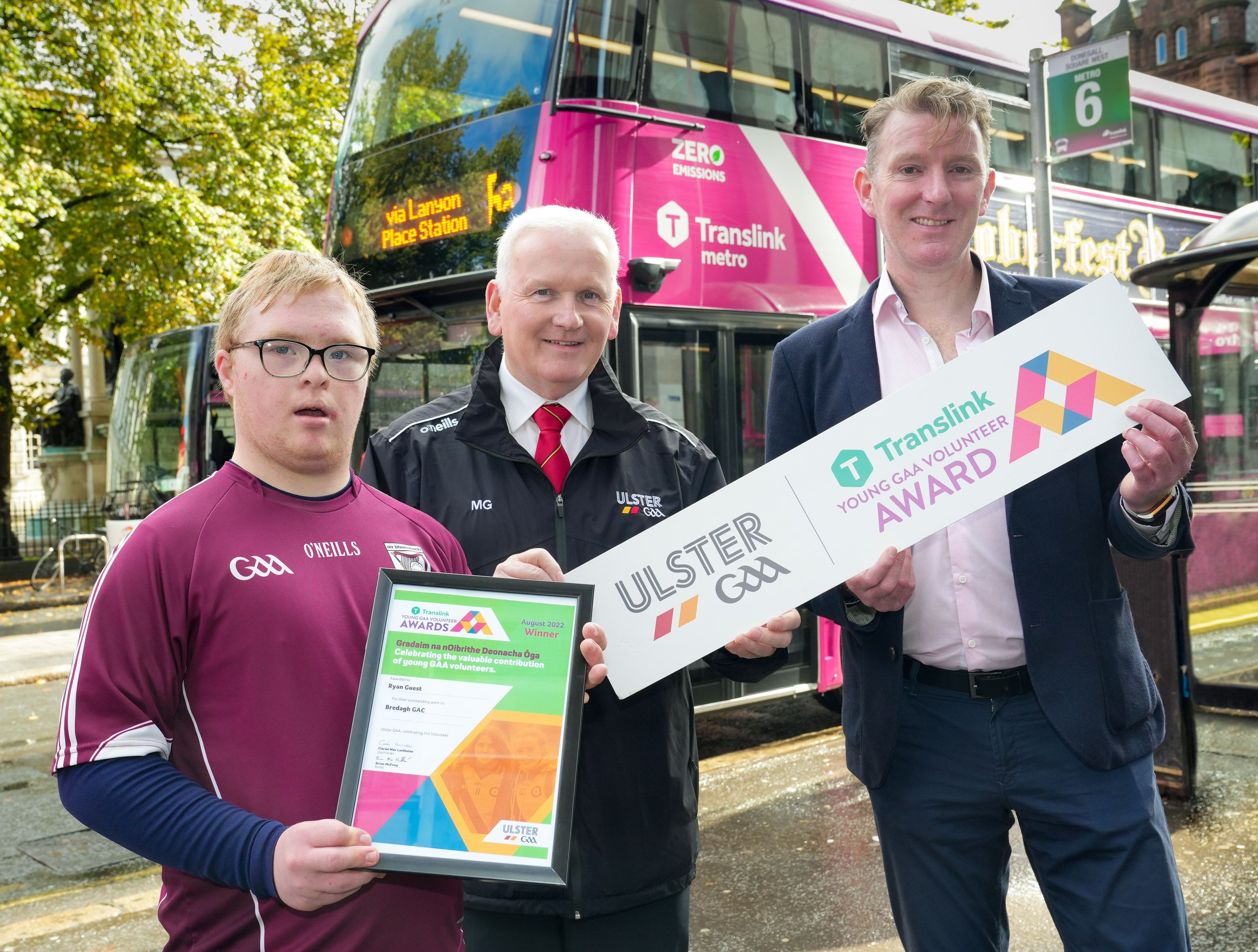 Michael Geoghegan, Ulster GAA Vice President, Damian Bannon, Translink Service Delivery Manager, and Ryan Guest, Bredagh GAC