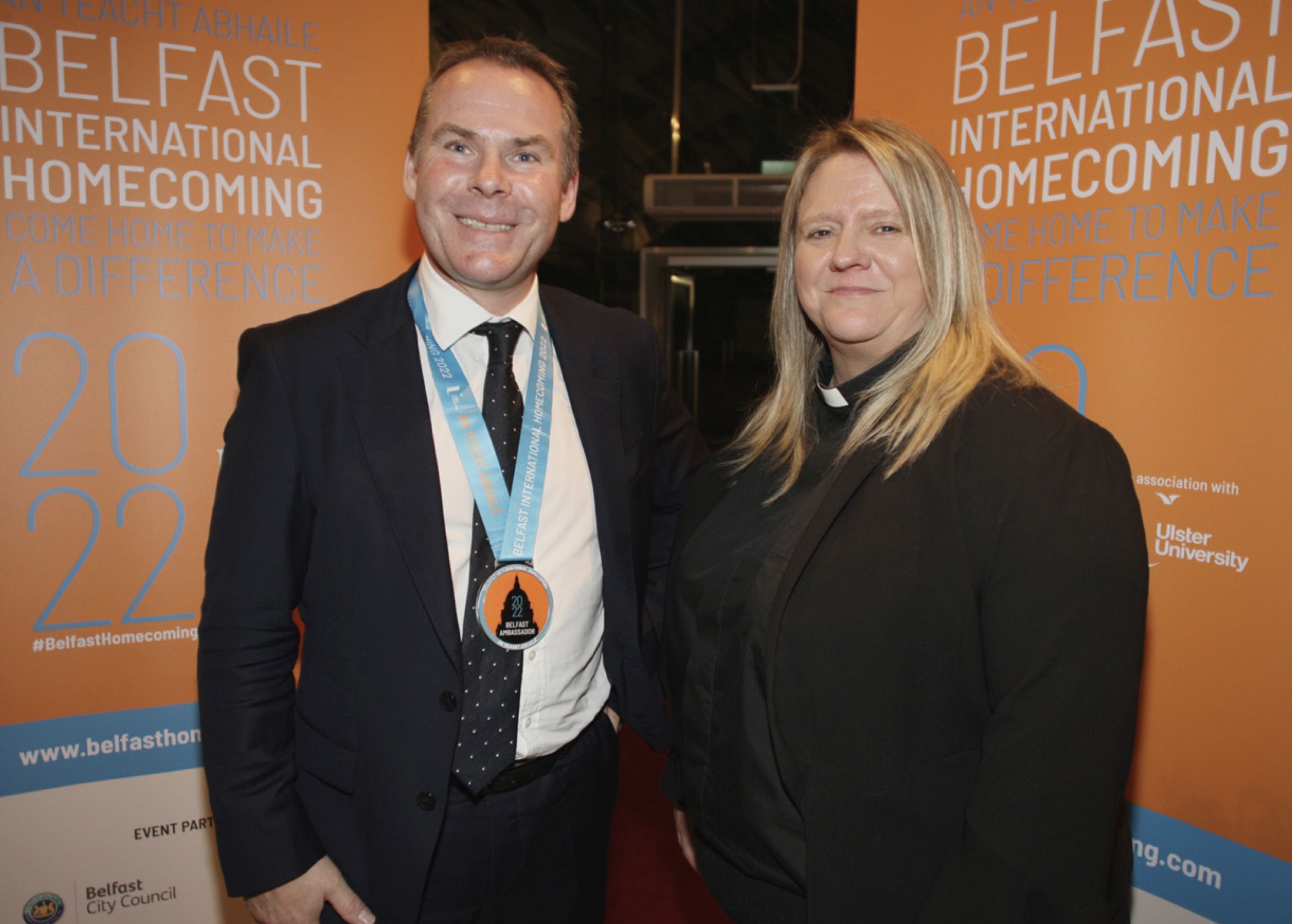 A BUSY SEVEN DAYS: Rev Karen at the Belfast International Homecoming 2022 in the Titanic Centre with Ian McLernon 