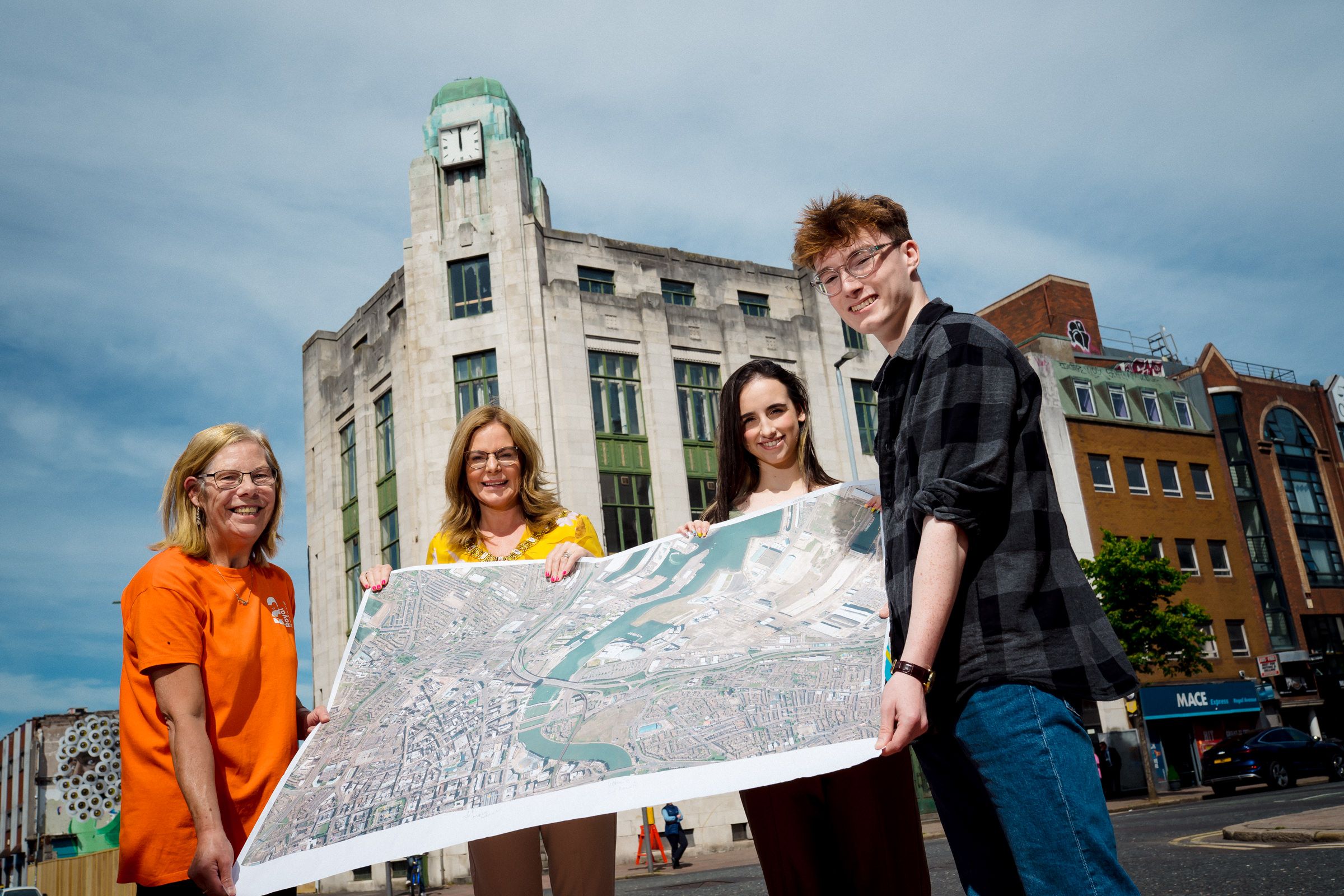 YOUR SAY: Lord Mayor of Belfast Councillor Tina Black with Avril Hunter from MayWe Event Management and NI Screen Screenworks participants Jasmine McGimpsey and Eoin Campbell