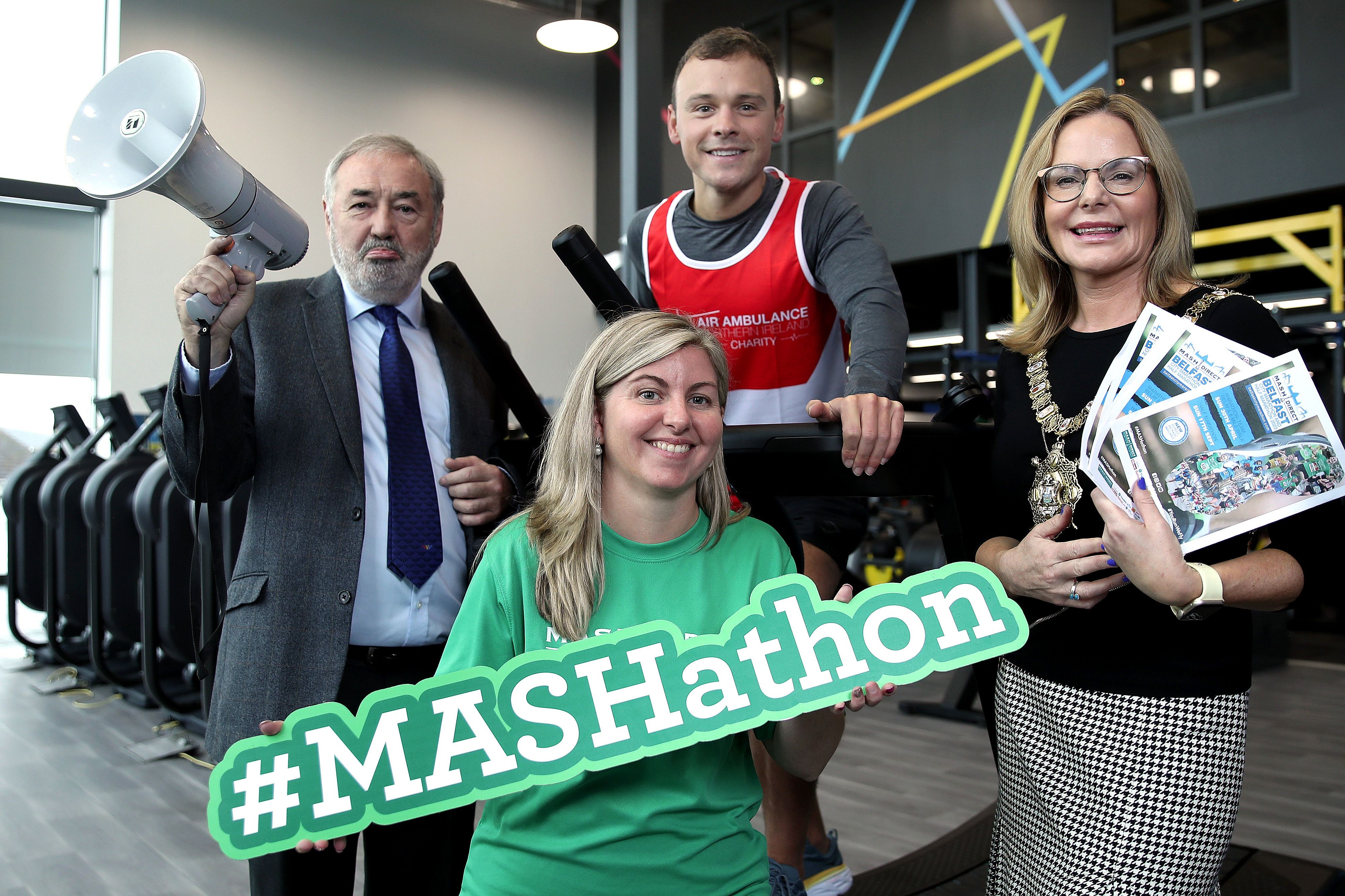 STARTING GUN: Chairman of the Belfast City Marathon and Half Marathon organising committee, John Allen, Mash Direct Head of Marketing, Clare Forster, Cool FM presenter Paulo Ross and Lord Mayor Tina Black