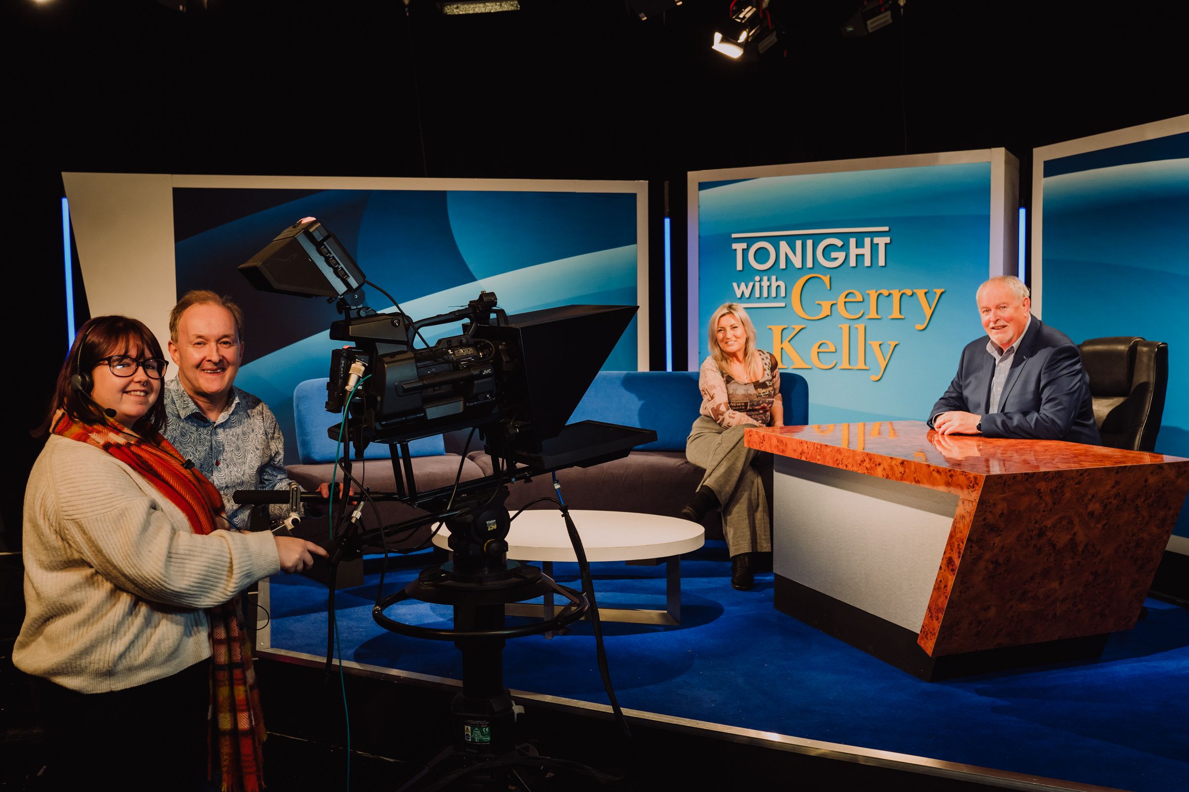 ON SET: Student Cora McGoldrick, director William Scott and Belfast Met course coordinator Lynda Bryans with Gerry Kelly on the set of his new chat show