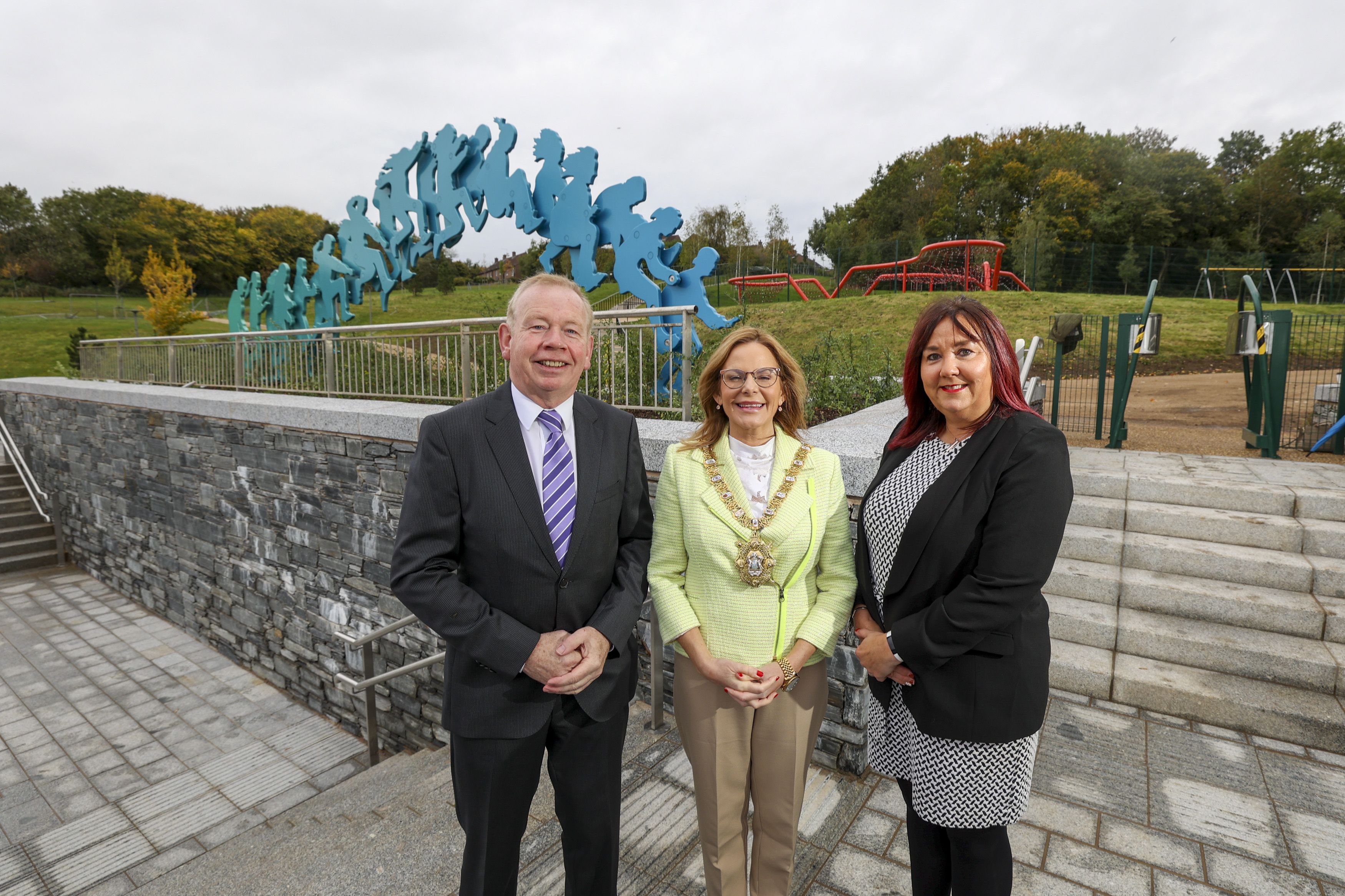 OPEN: Patrick Anderson from the Department for Communities, Belfast Lord Mayor Councillor Christina Black and Joan O’Hara from The Executive Office’s Urban Villages Initiative at the new park 