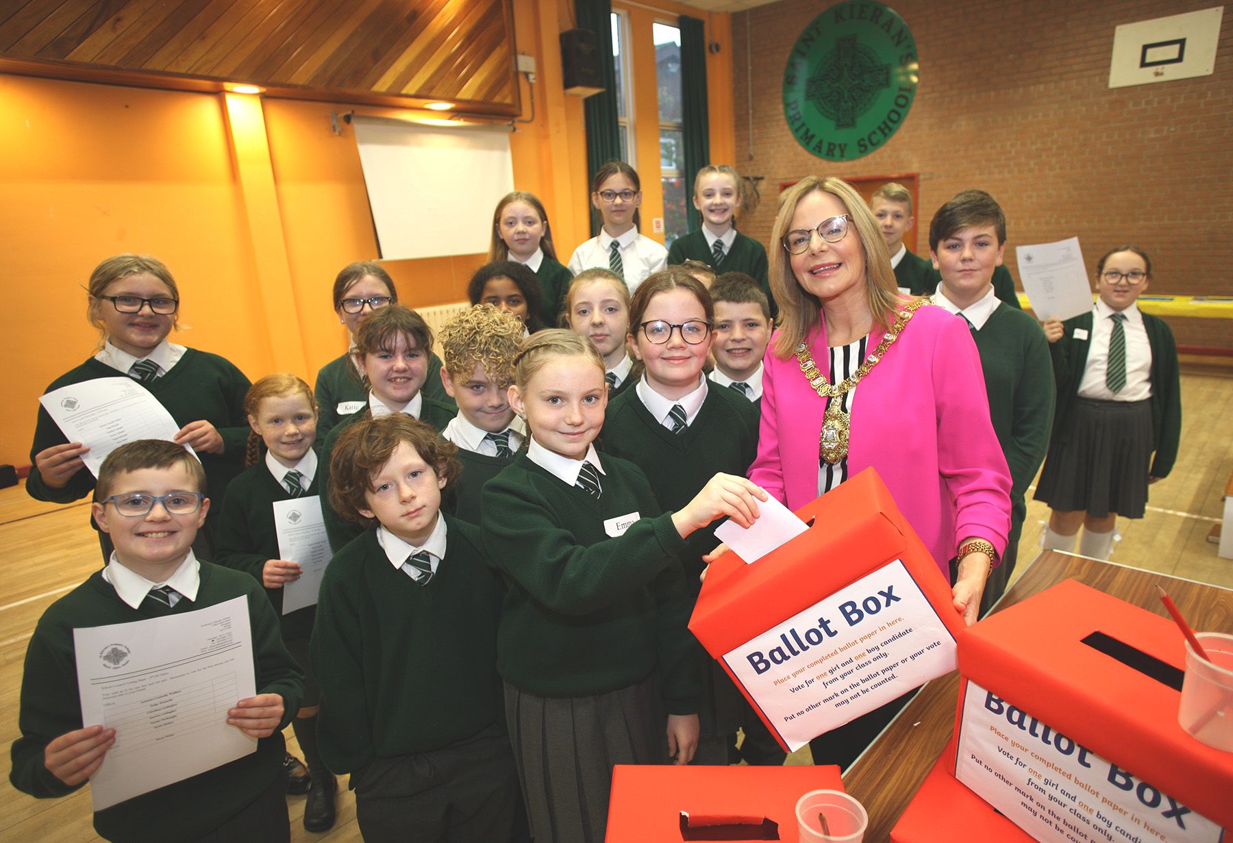 VOTE: Lord Mayor Cllr Tina Black was on hand to assist students at St Kieran\'s Primary School as they held their first Student Council election