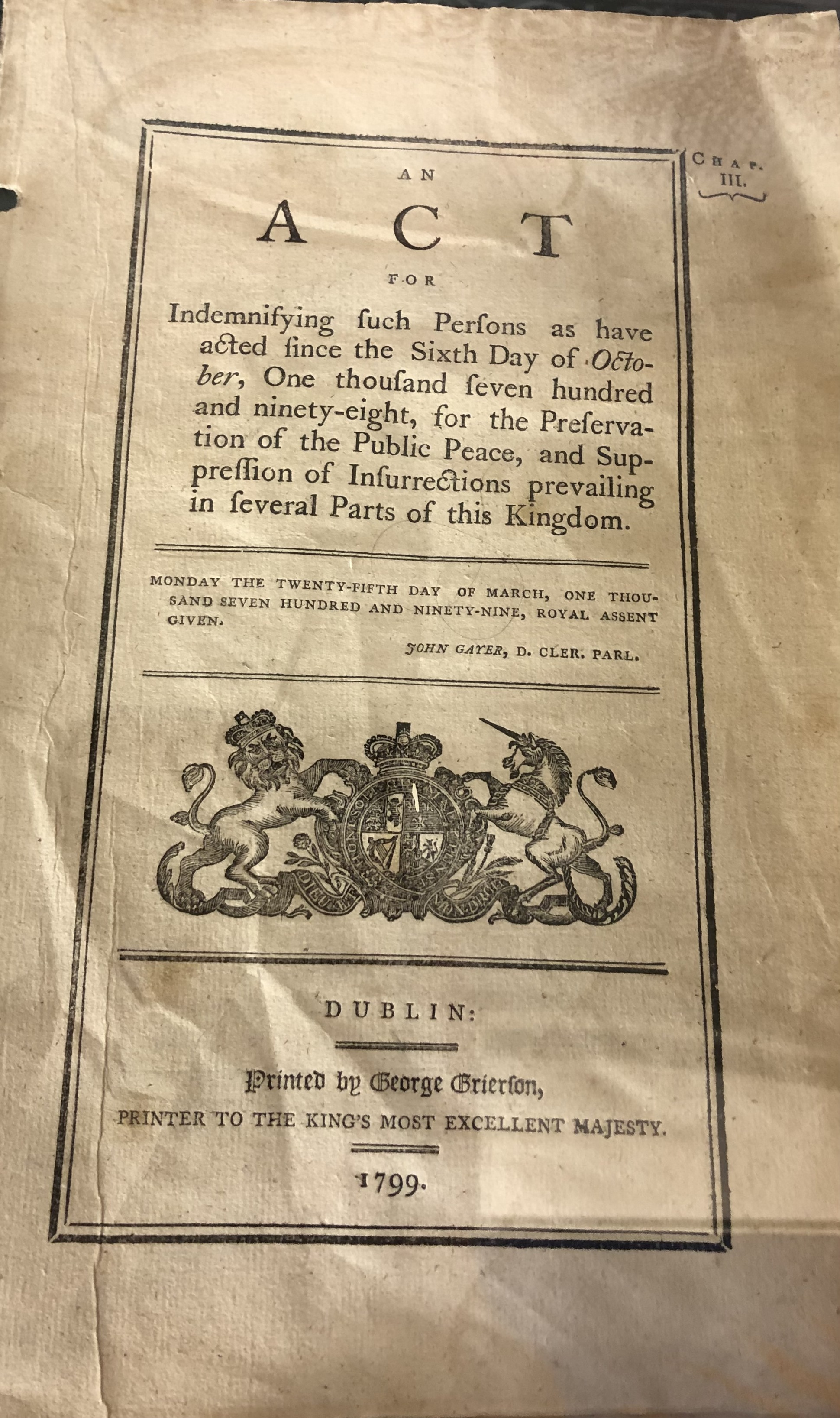 REBELLION: A pamphlet which was published by the British Government spelling out their crackdown after the 1798 Rebellion.