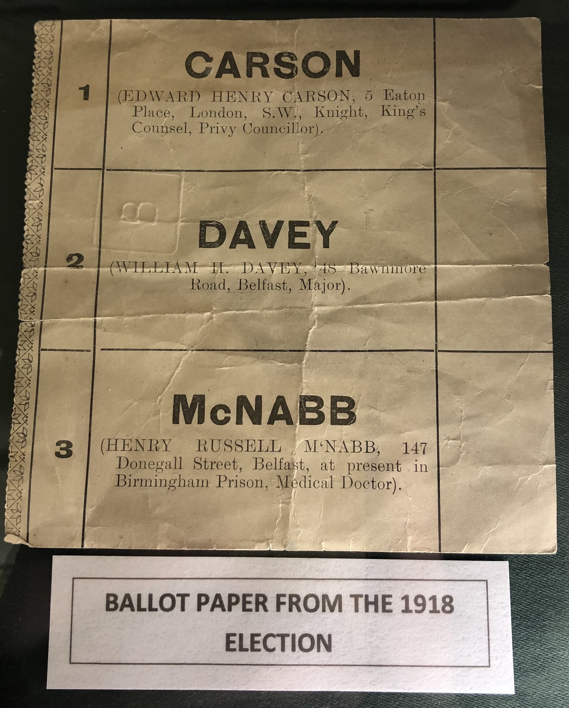 ELECTION: An original ballot paper from the 1918 General Election (Edward Carson's ballot is at the top).