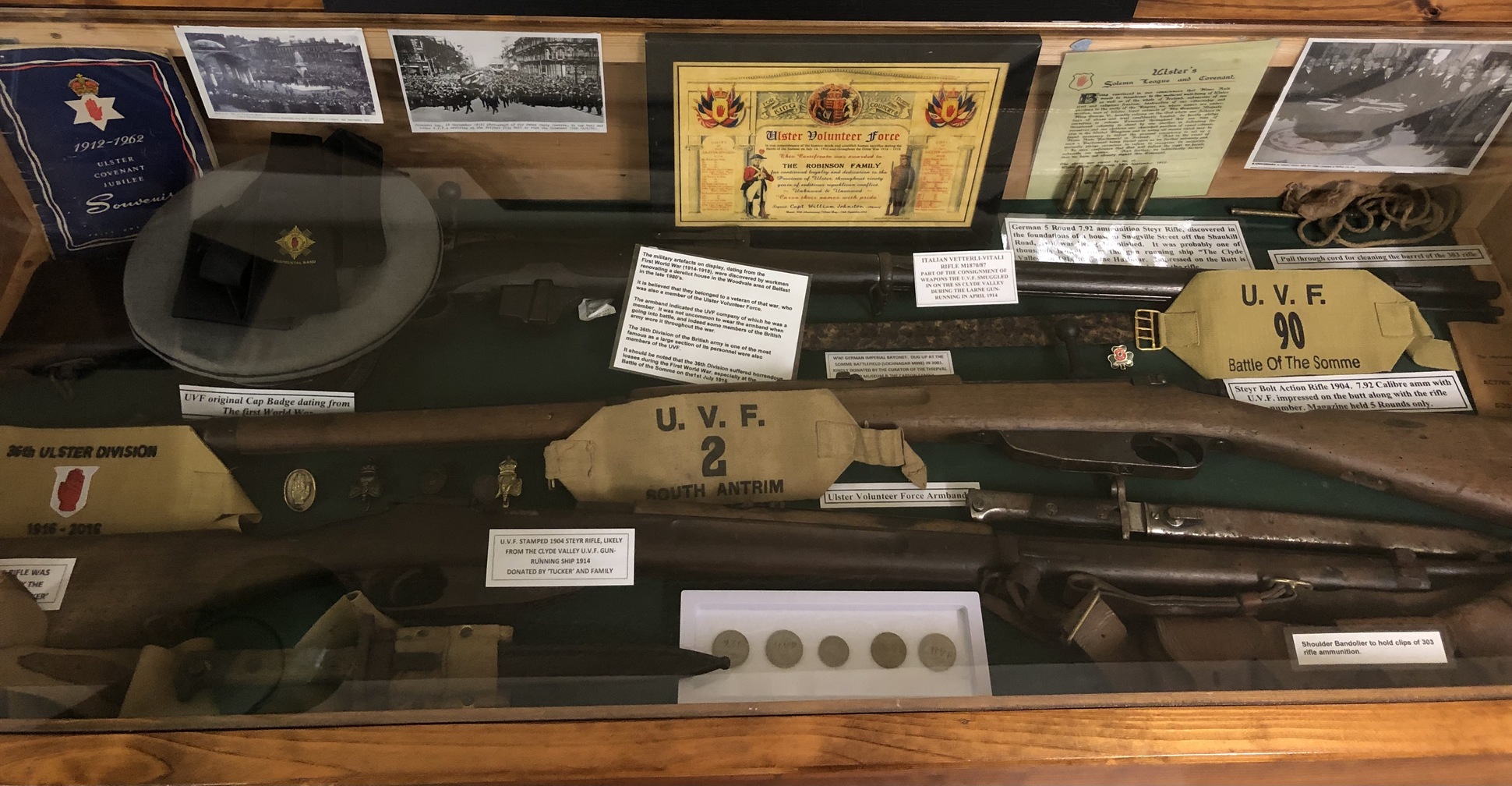 UVF: Artefacts relating to the Ulster Volunteer Force from the Home Rule Crisis through to the First World War.