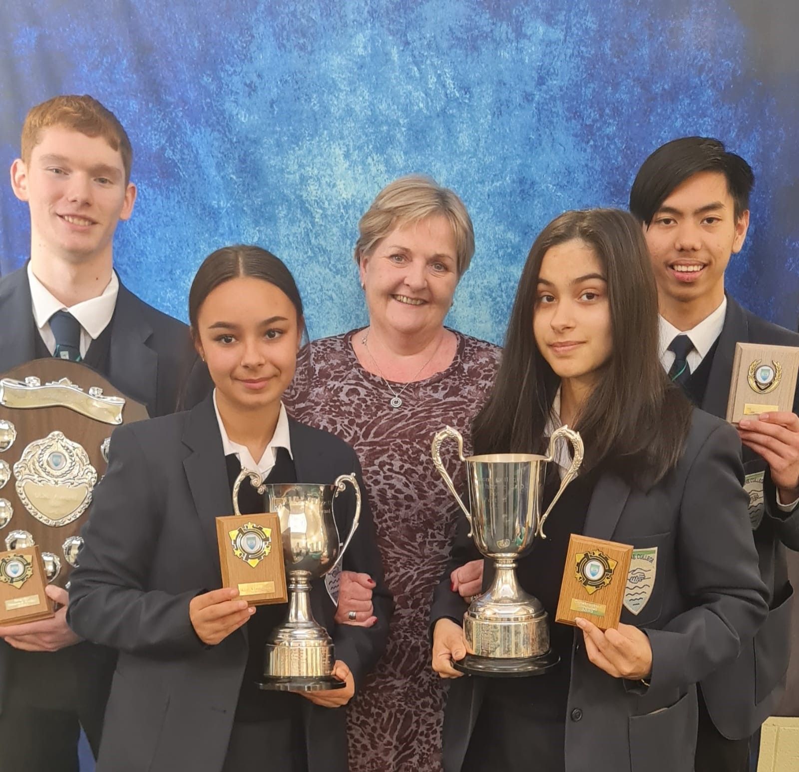 AWARDS: Contribution and endeavour winners Dylan, Zara, Laura and Jethro pictured with principal Mrs Moore