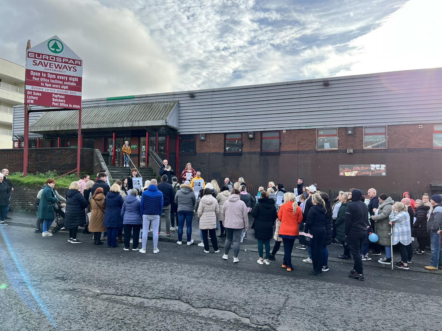 GP SURGERY FIGHTBACK: Protesters outside the Flax Medical Centre in Ardoyne on Friday afternoon