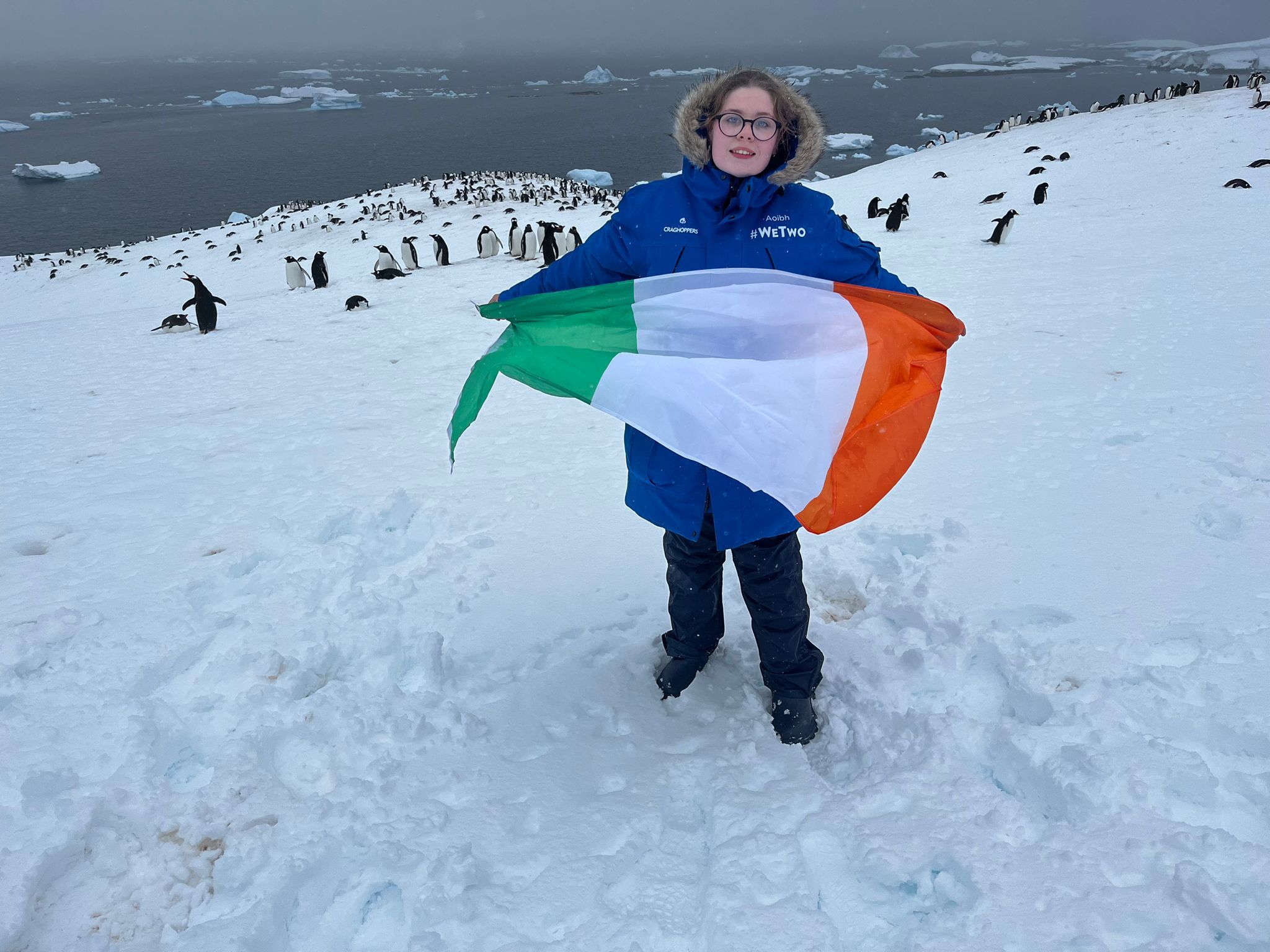 VOYAGE: Aoibh Bradley flying the national flag on Antarctica