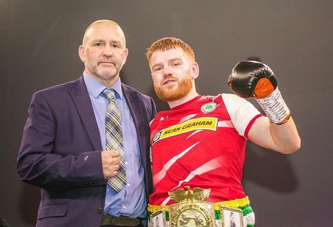 Owen O\'Neill with manager Mark Dunlop following his stunning win
