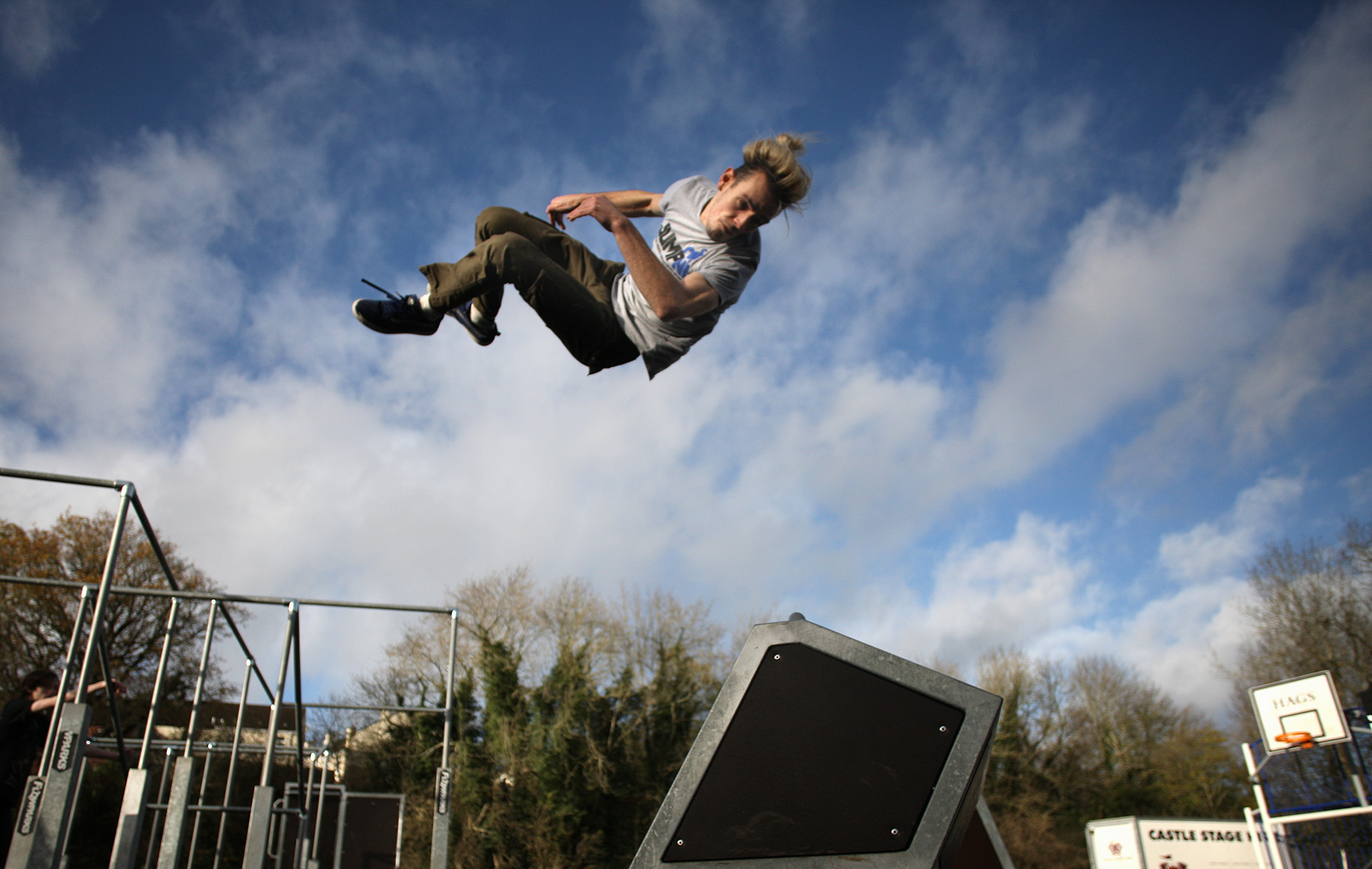 UP IN THE AIR: Young people from Springbank Industrial Estate based The Playground gave a Parkour demonstration 
