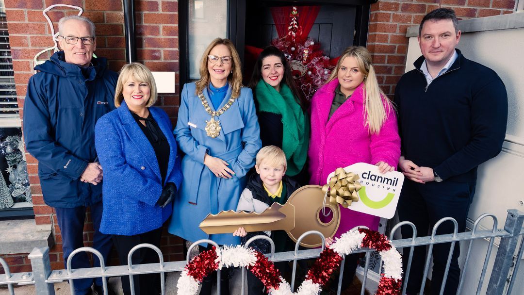 NEW HOMES: Gerry Kelly MLA, Carol McTaggart (Clanmil Group Chief Executive), Lord Mayor Cllr Christina Black, Maeve Monaghan (Clanmil Chair), resident Shanna Ramsey, John Finnucane MP and Rohon Ramsey