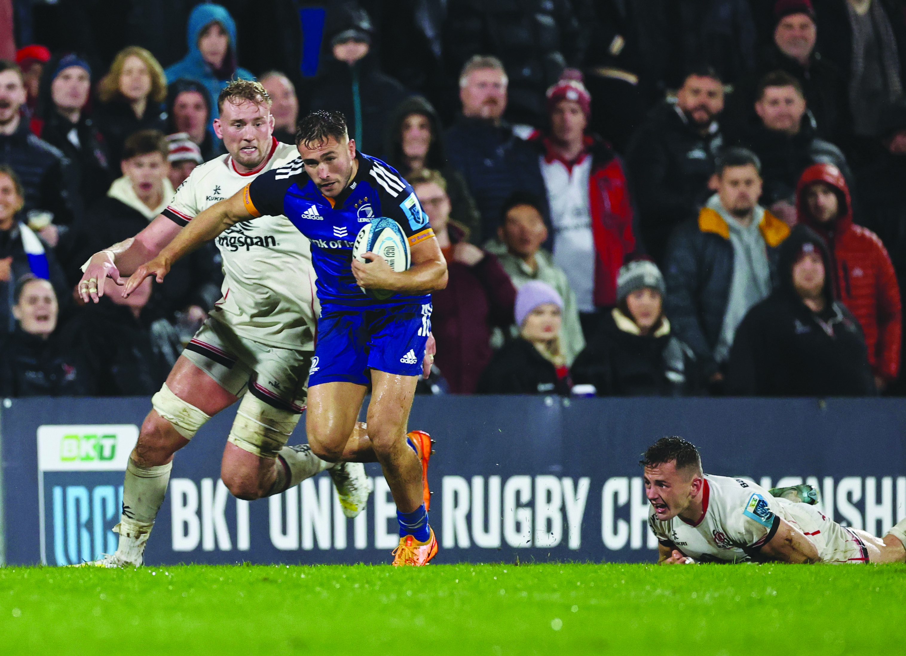 Jordan Larmour gets away from Kieran Treadwell during Leinster’s win over Ulster in Belfast back in September