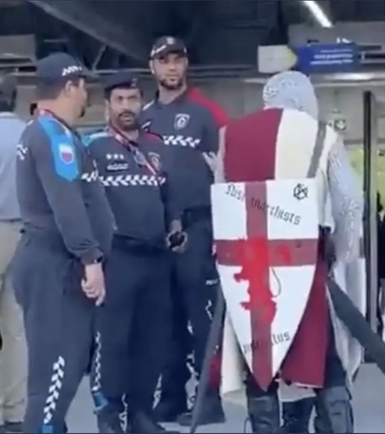THE SIEGE OF DOHA: An England fan dressed as a Crusader is turned away from a stadium
