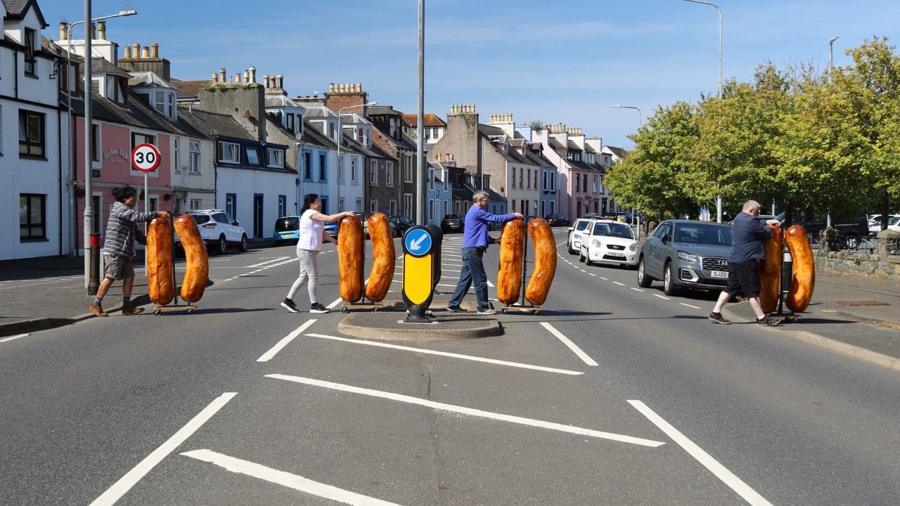 PROTOCOL ART: The Brexit Sausages get ready to embark in Stranraer for their Irish Sea crossing