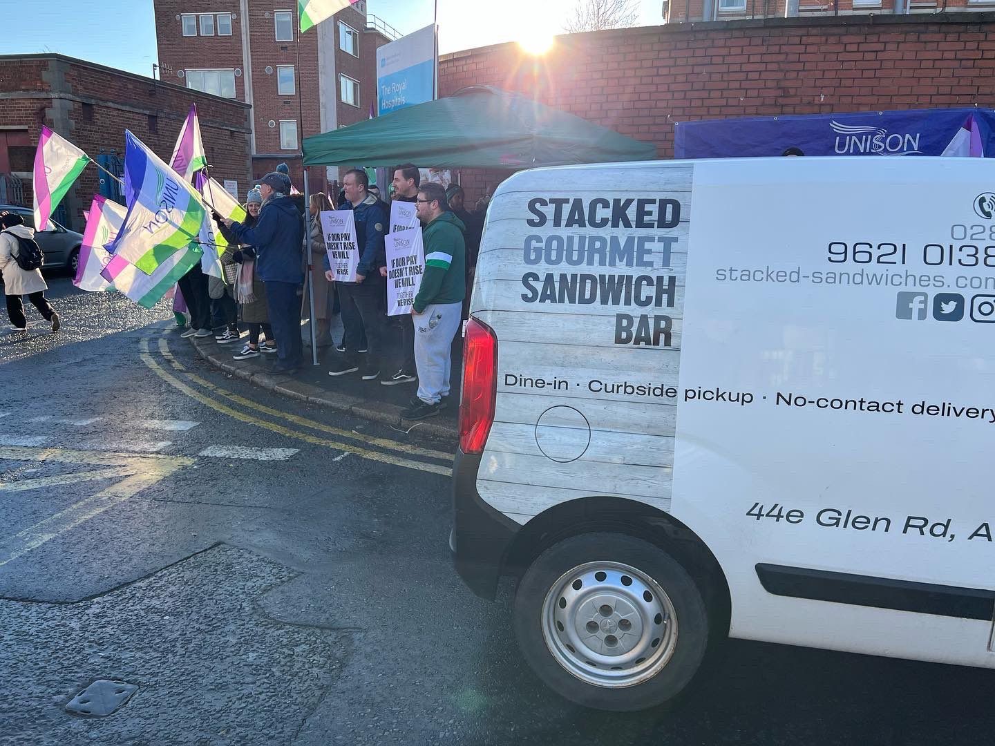 SOLIDARITY: Stacked Gourmet Sandwhich Bar on the Glen Road delivered sandwiches and hot food to striking workers 