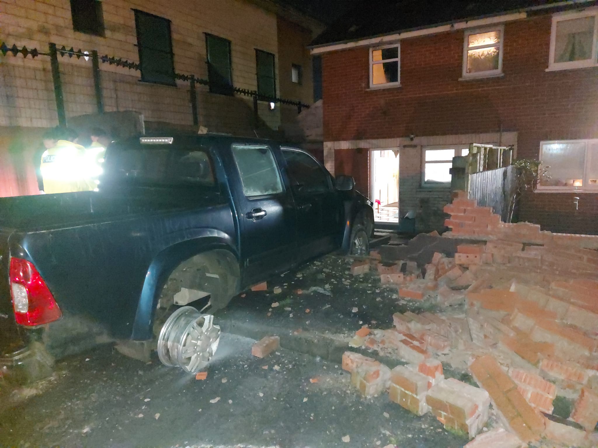 DAMAGE: The scene after the stolen vehicle crashed into the wall on Roumania Rise in the Divis area