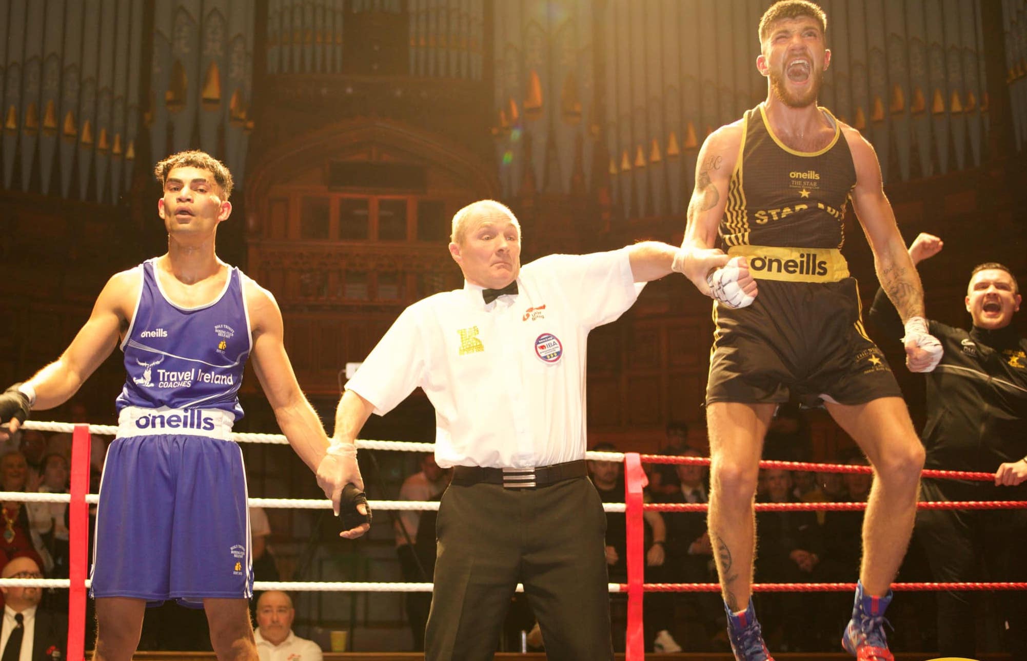 Star ABC\'s Lee McKee jumps for Joy following his win over Holy Trinity\'s Teo Alin in the 60kg final