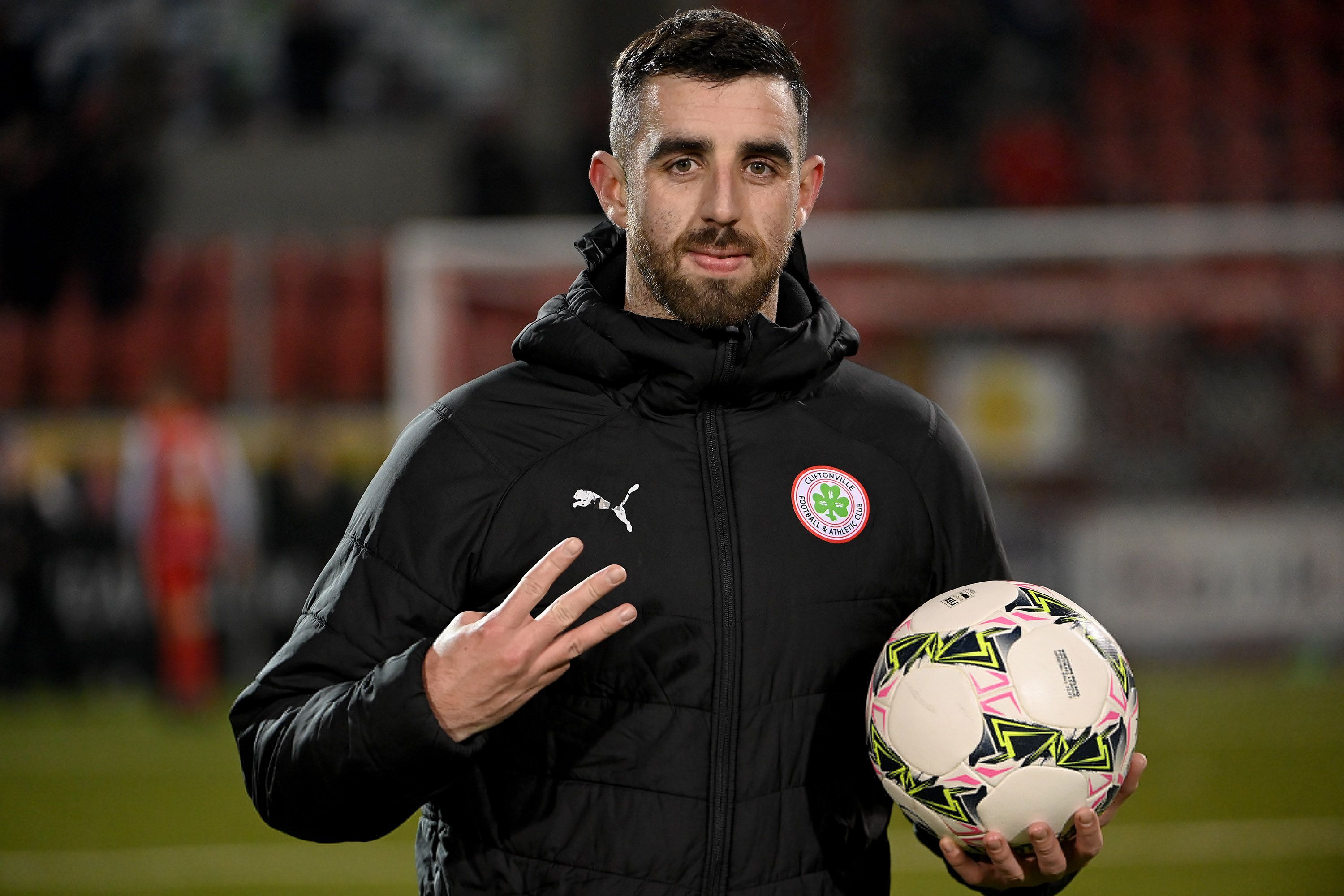 Joe Gormley with the match ball after his hat-trick on Saturday 