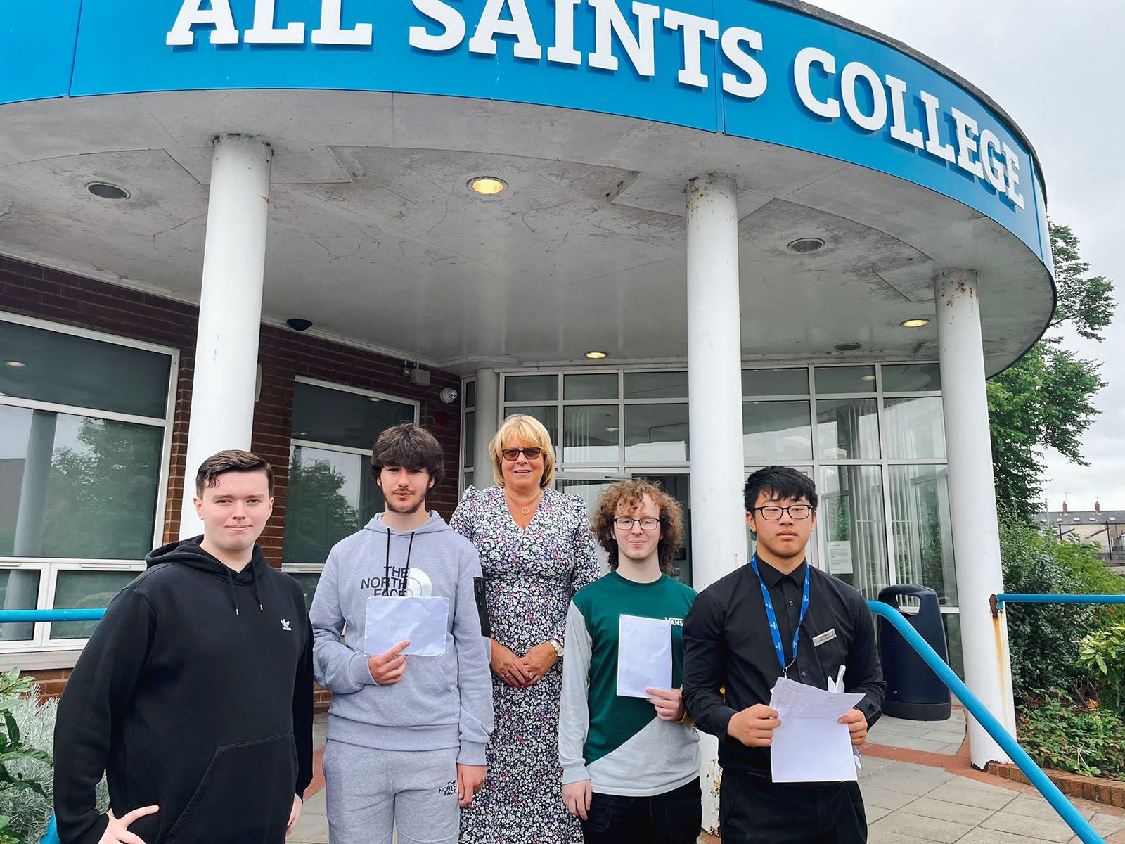All Saints Principal Bronagh Farrimond and pupils on A-Level results day. She says schools are more focused on pastoral care than ever