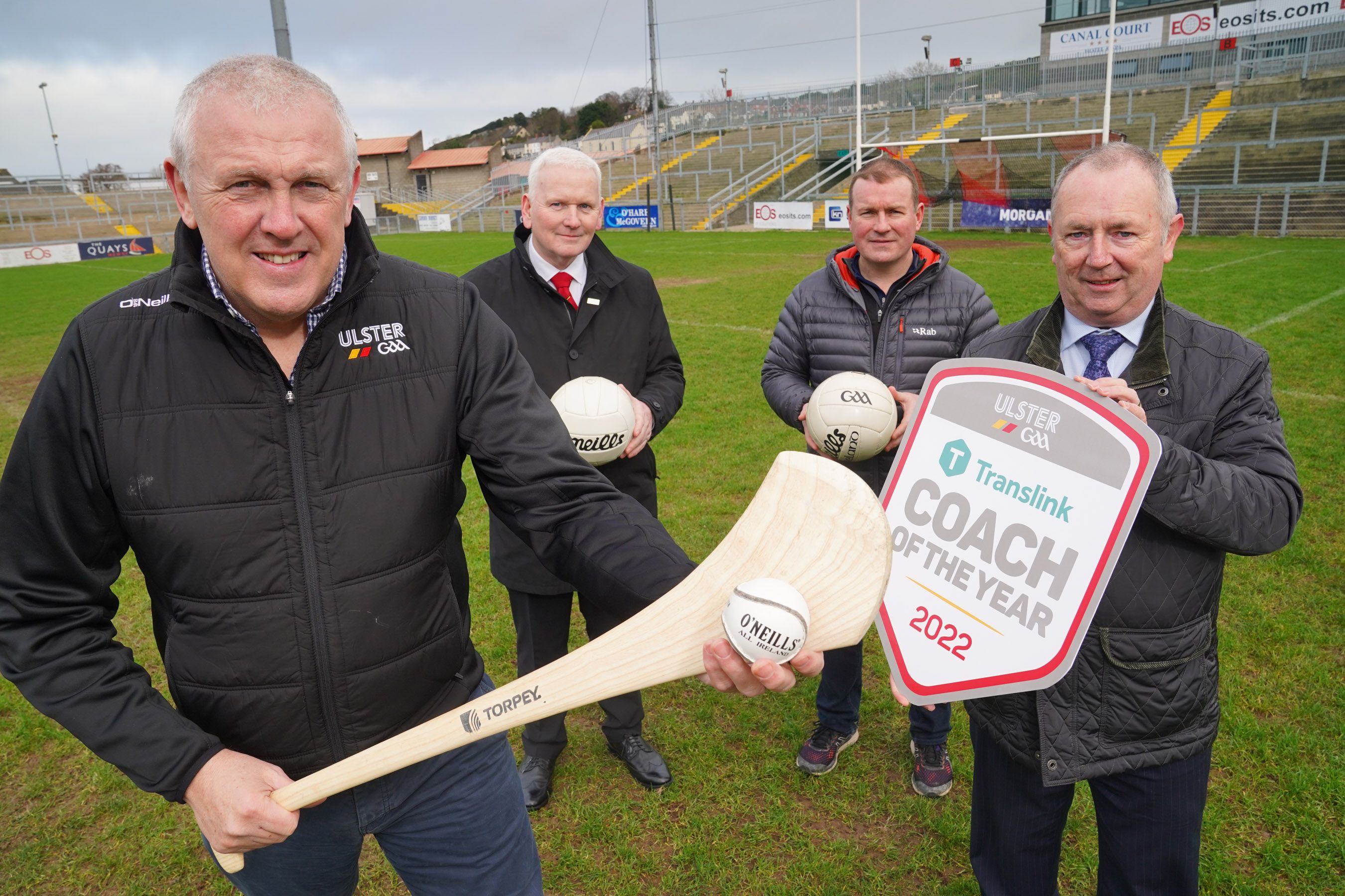 James McCartan, Down Football Manager; Gerry D\'Arcy, Translink Service Assistant Delivery Manager; Michael Geoghegan, Ulster GAA Vice President, and Eugene Young, Ulster GAA Director of Coaching & Games Development  