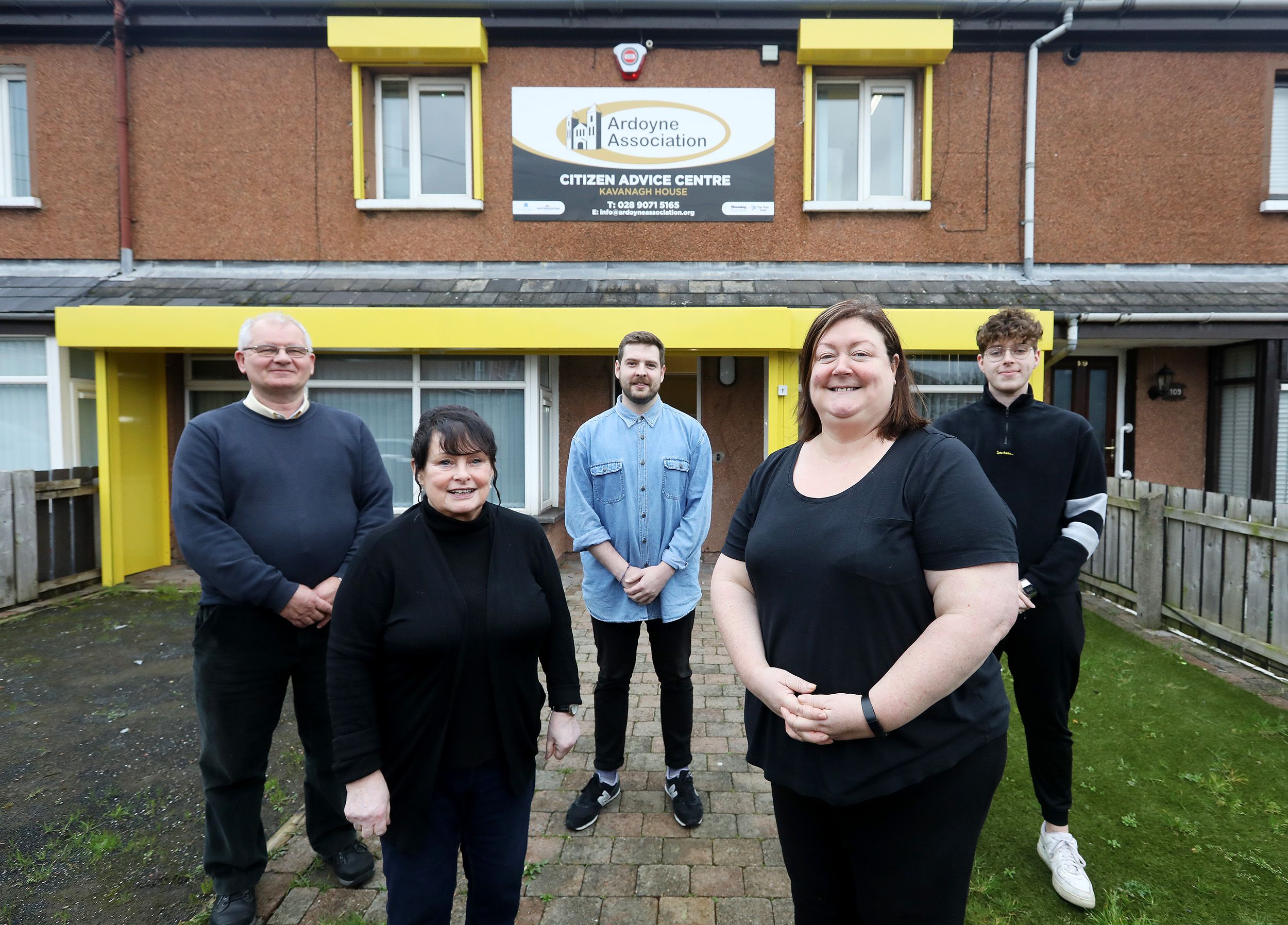 HARD WORKING TEAM: Ardoyne Association Centre Manager Elaine Burns with Marie McKee, Kevin McGarry, Conal Matthews and Conor Lawlor