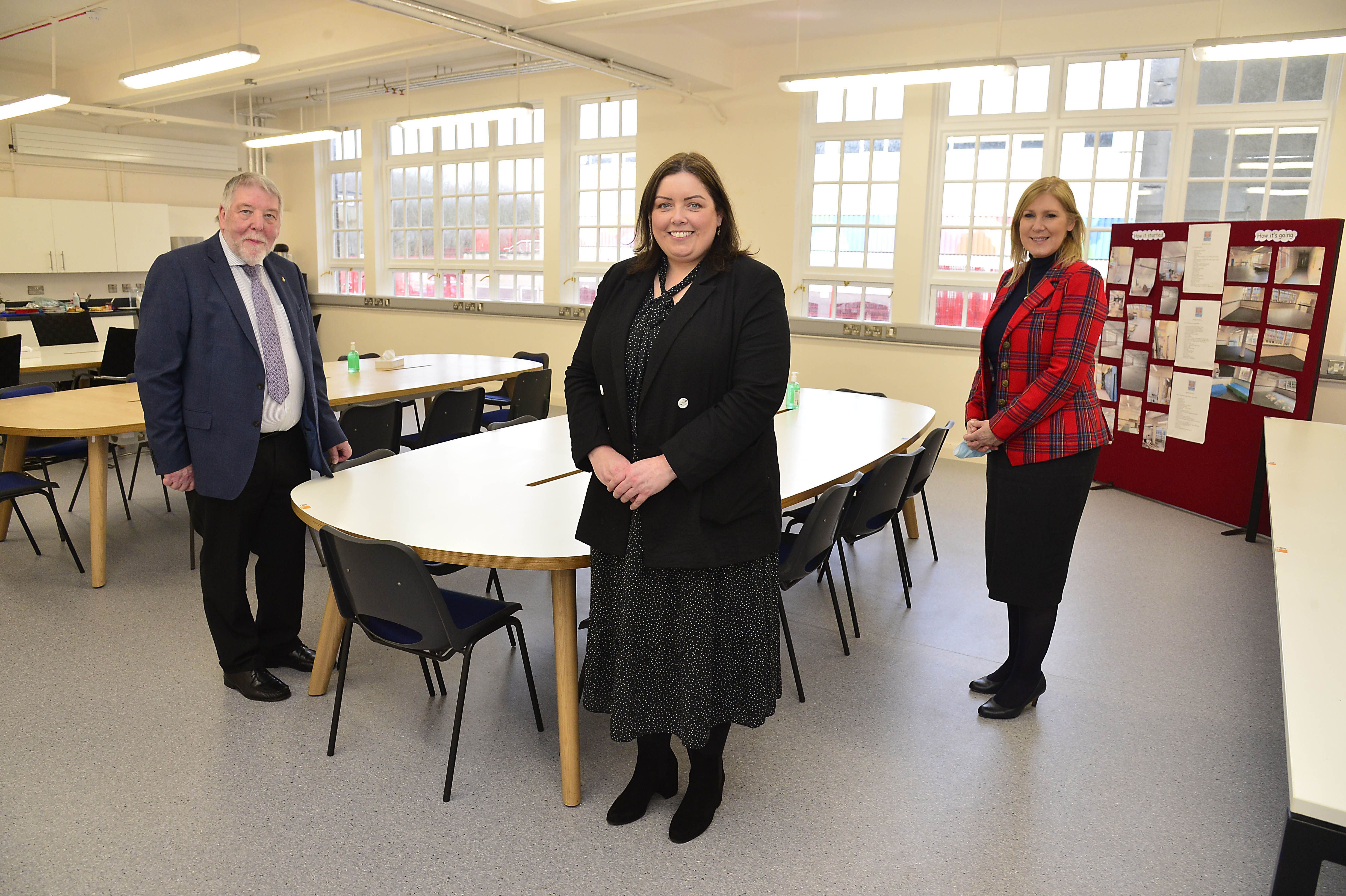INVESTMENT: Communities Minister Hargey with Principal, Ashleigh Galway and John Lynass, Chairman of the Board of Governors at Currie Primary School