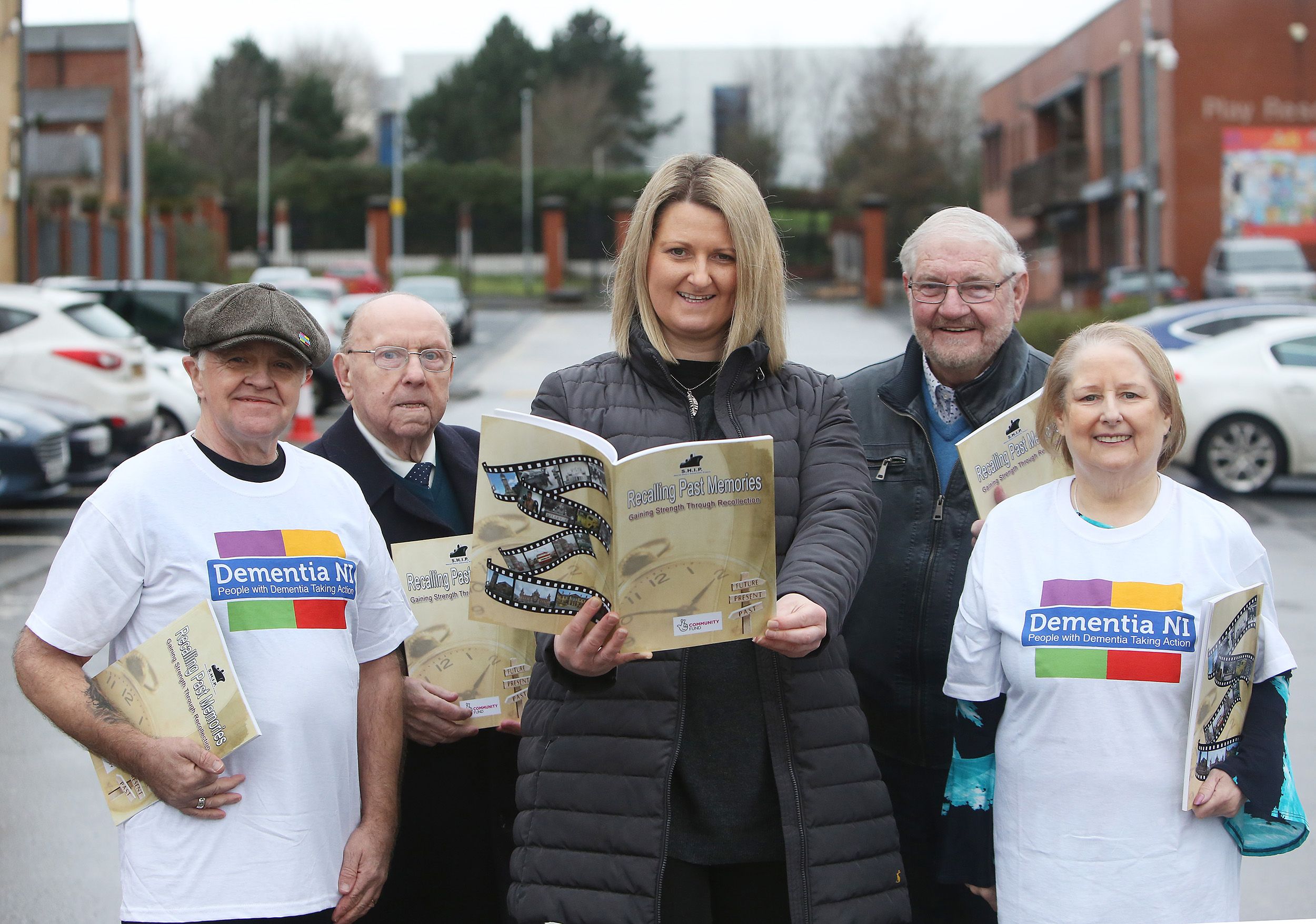 BOOK LAUNCH: Dementia NI Members Chris Higgins and Liz Cunningham with Ashleigh Davis (Empowerment Officer Dementia NI) and Committee Members for SHIP, Brian McCann and Tommy Graham 