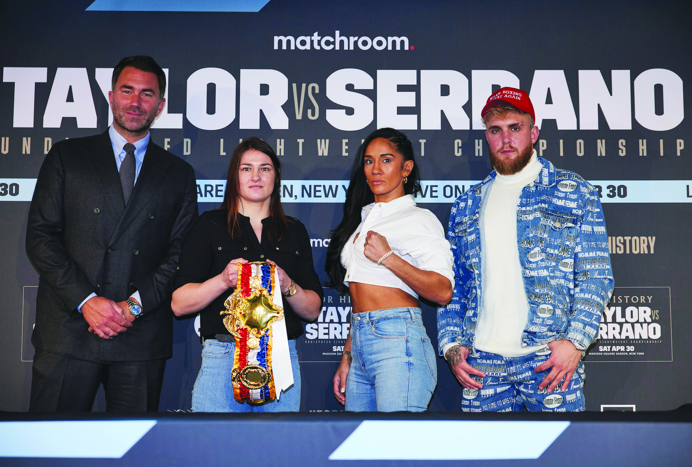 L-R: Matchroom boss Eddie Hearn, Katie Taylor, Amanda Serrano and Jake Paul from MVP Promotions in London on Monday